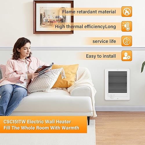 Miniatura 2 de CSC151TW Calentador de pared eléctrico (120 voltios, 1500 vatios, blanco) Calentador de pared Unidad completa con termostato