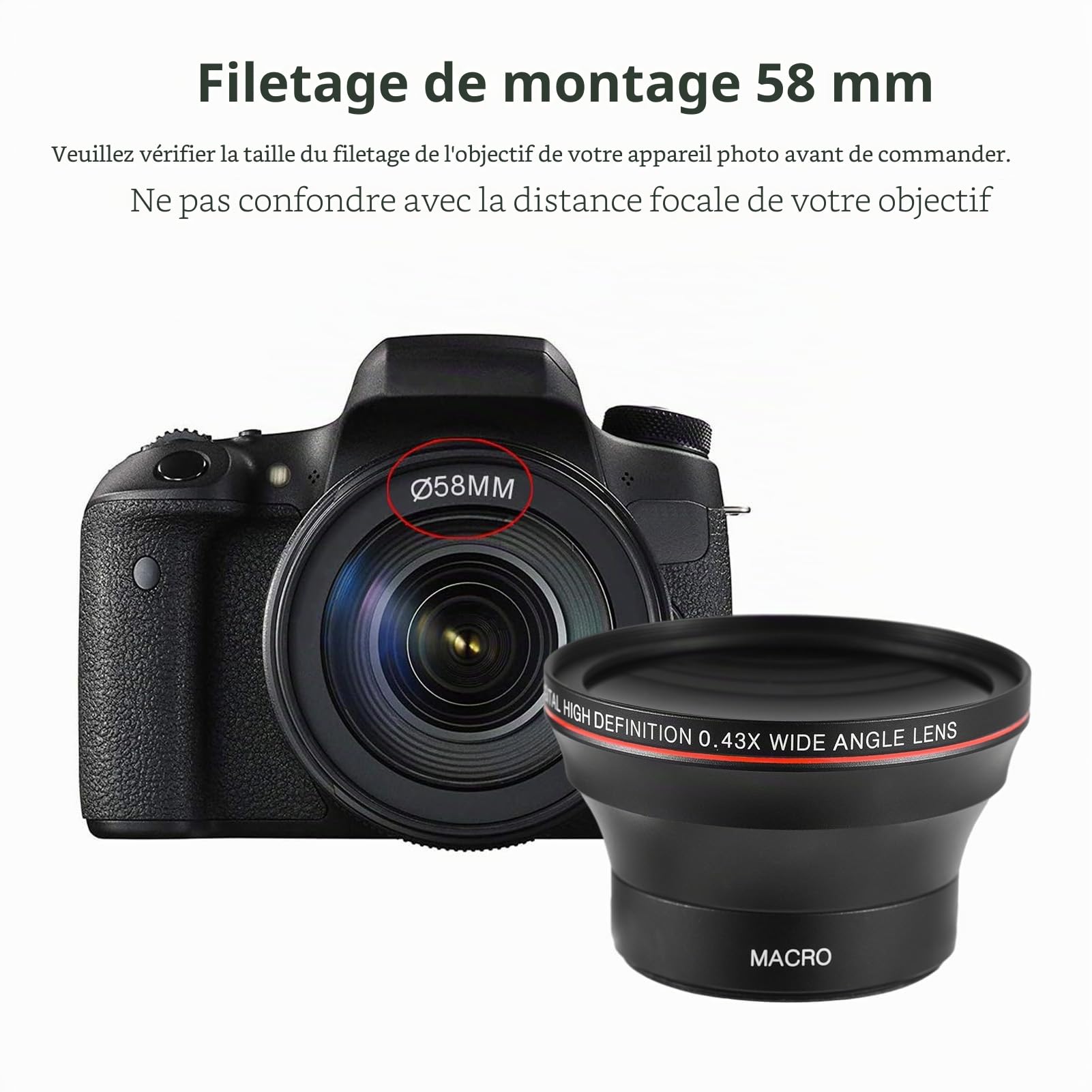 Andoer Kit Objectif Caméra 58mm avec Objectif Grand Angle 0,43X Objectif Macro Remplacement Lentille Appareil Photo DSLR En Alliage D'aluminium pour Canon Canon Canon Rebel