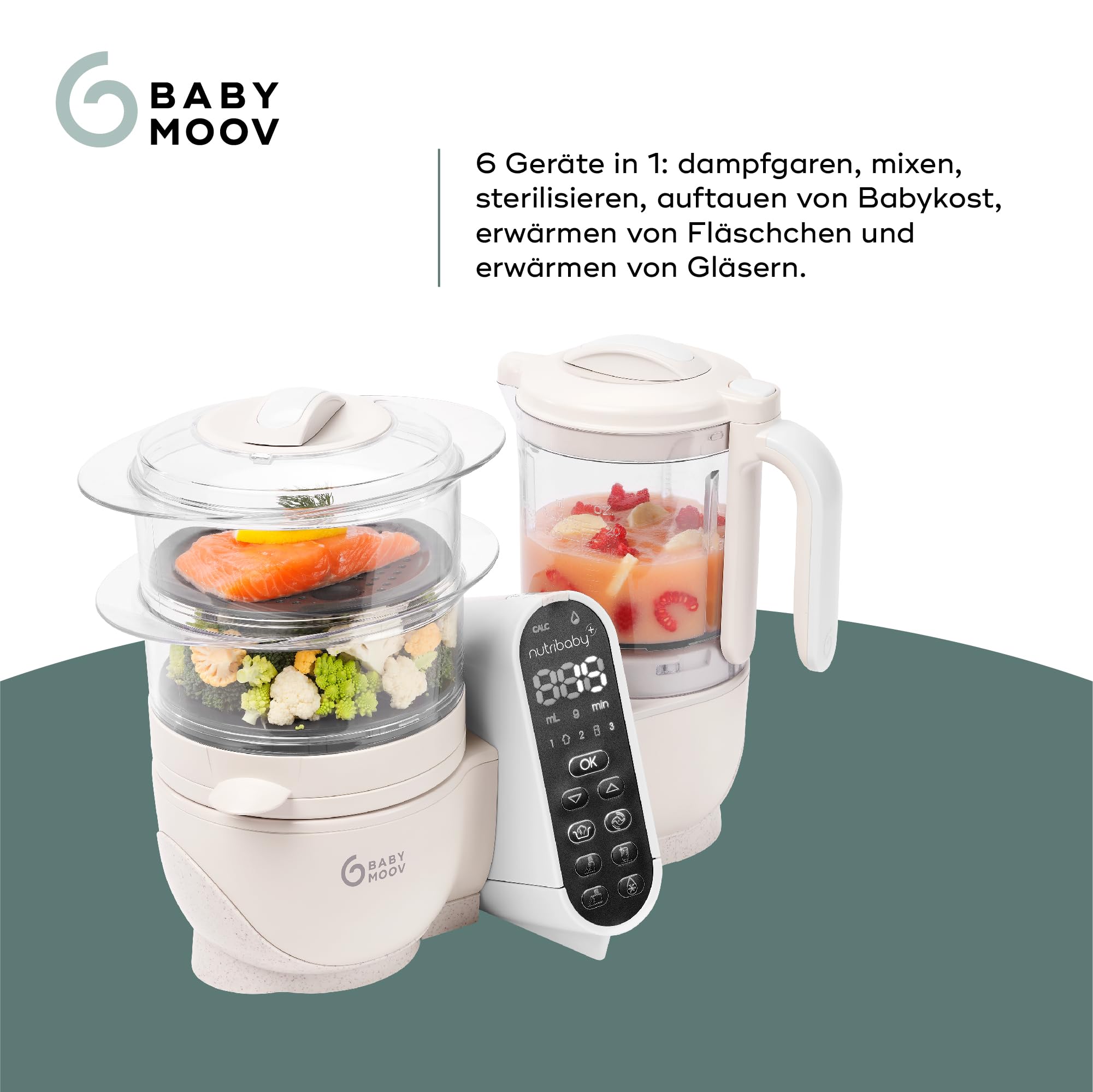 Babymoov Nutribaby Plus Mineral Beige - Babynahrungszubereiter, 2200ml Fassungsvermögen, schonendes Dampfgaren, Mixen, Sterilisieren, Aufwärmen