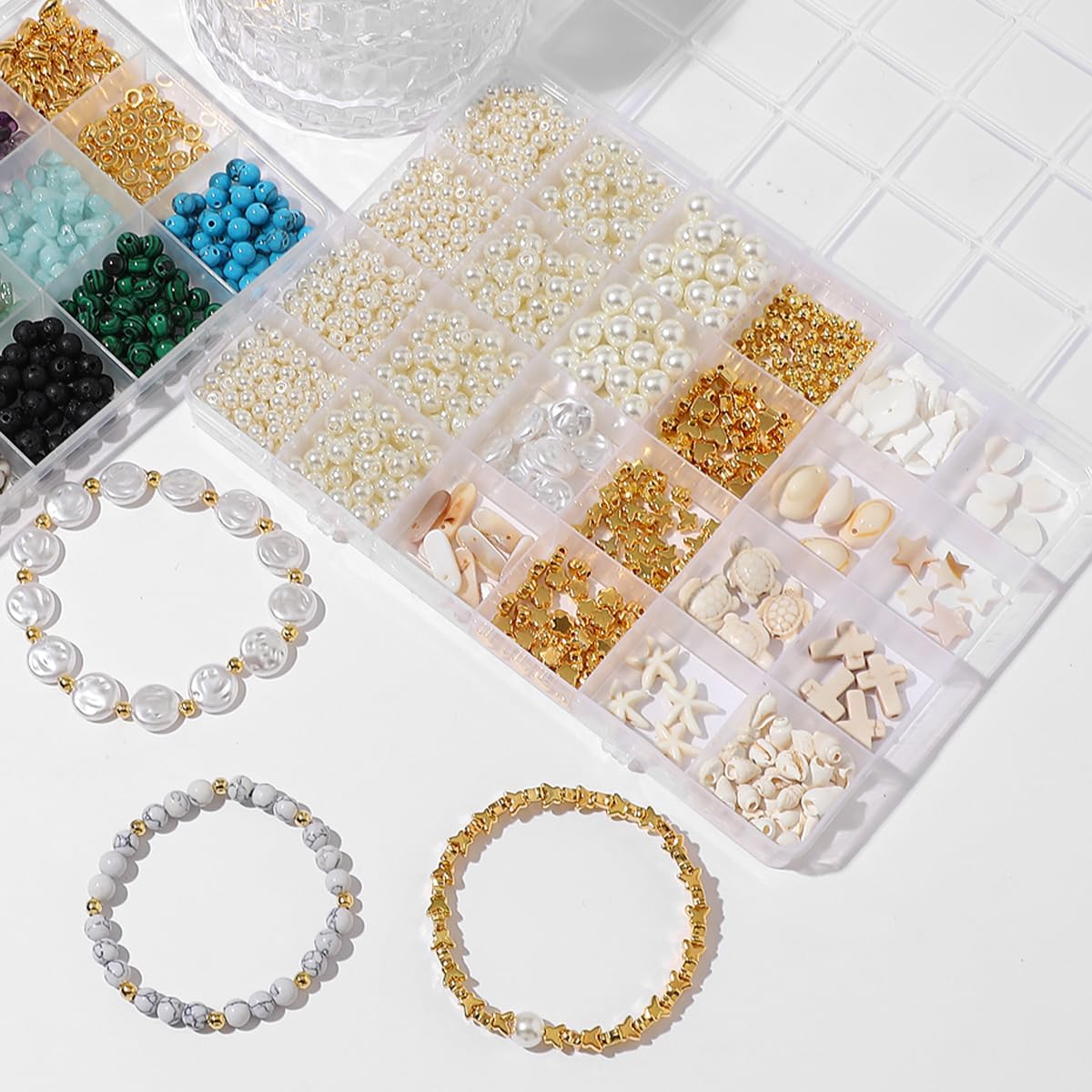 1000Pcs Pearl Beads for Bracelets Making -4mm 6mm White Pearl Beads with Gold Spacer Bead & Shell Jewelry for Bracelet Necklace DIY Craft Making Kit, Beach Theme Friendship Jewelry Making Kit - Image 3