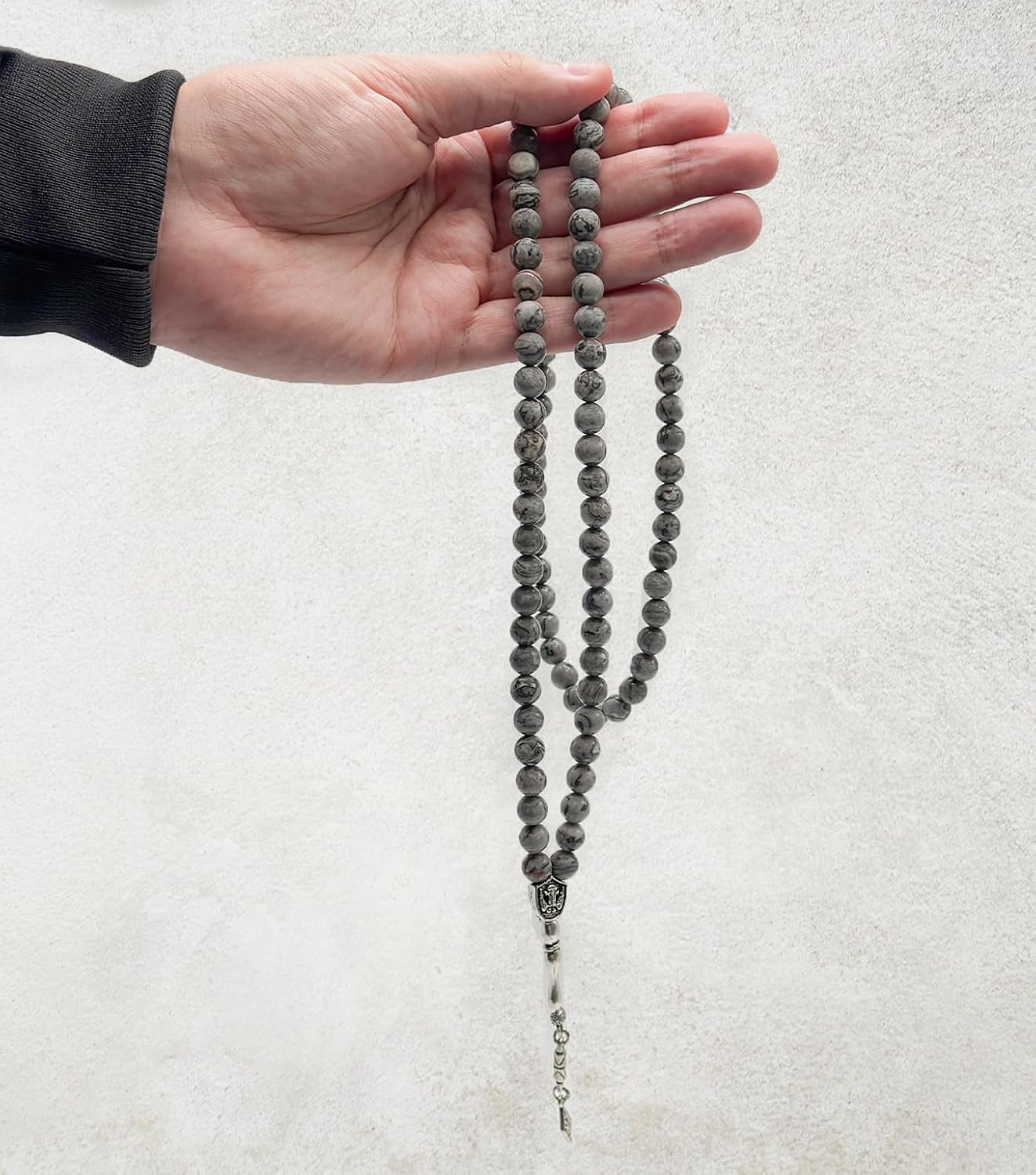 Elegant 8mm Jasper Map Agate Handmade Tasbih – Gemstone Muslim Prayer Beads, Metal Tassel with Special Case | Islamic Gifts for Dhikr, Namaz, Meditation