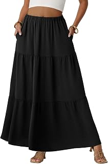 QIXING Damen Maxirock Sommer Boho Blumen Muster Hohe Taille Langer Fließender Rock mit Taschen Stufenrock Elastischer Taille