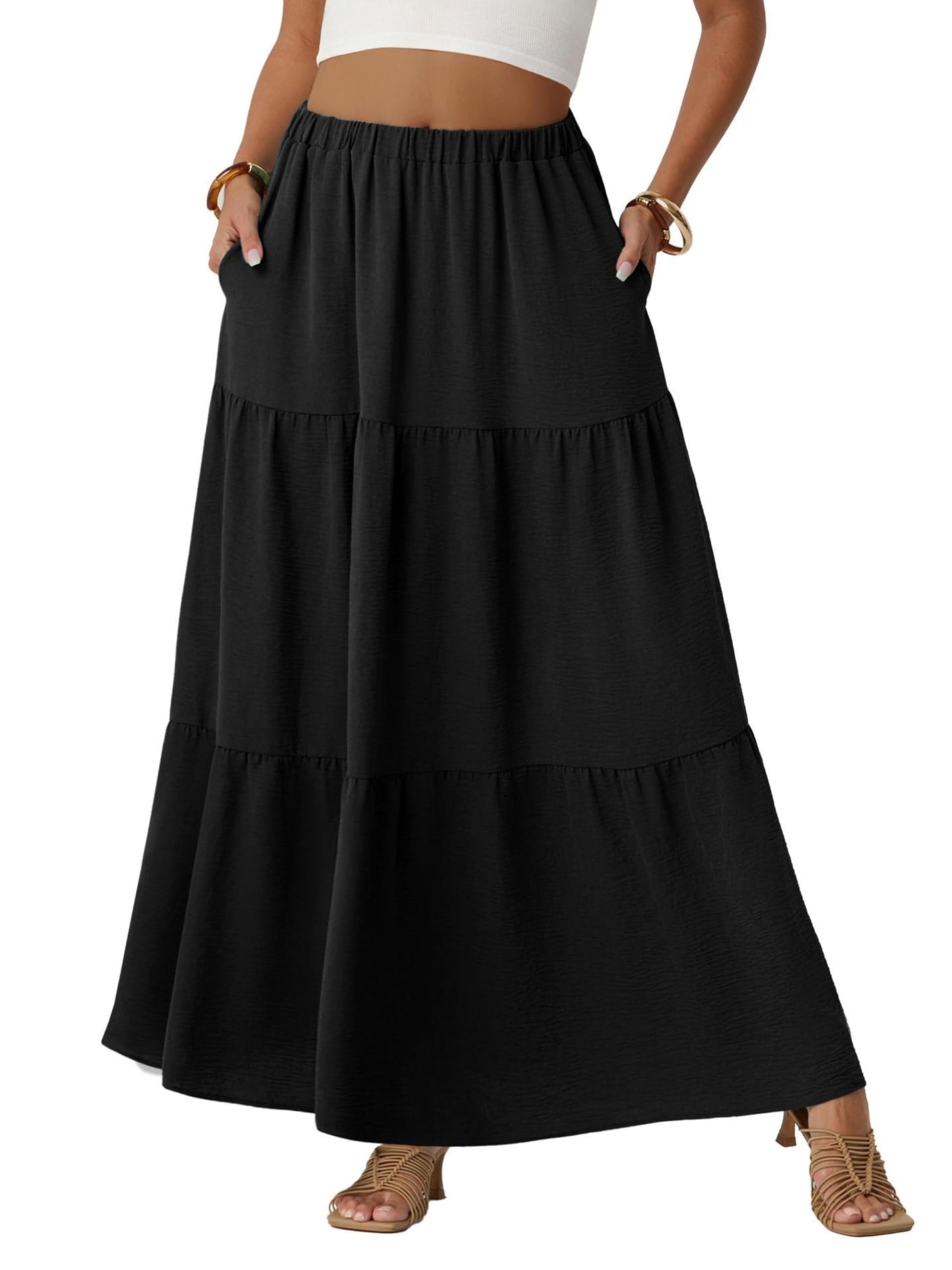 QIXING Damen Maxirock Sommer Boho Blumen Muster Hohe Taille Langer Fließender Rock mit Taschen Stufenrock Elastischer Taille