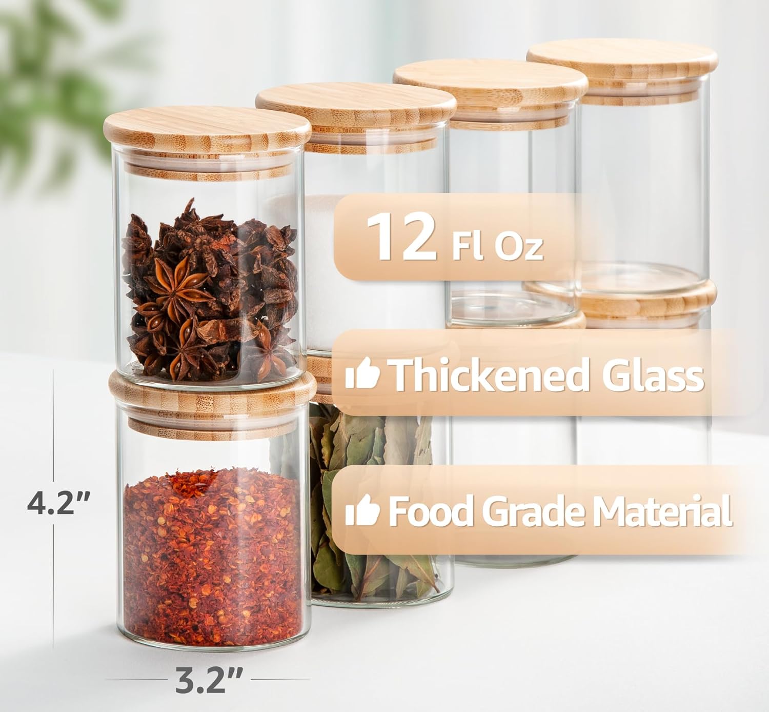 COCOYA 12 Oz Glass Jars with Bamboo Lid Set, UPGRADE Clear Thickened Glass Containers for Spice Tea Herb, Small Tiny Jars Food Storage Containers for Coffee Bean Seasoning sugar Kitchen Pantry (8Pack)