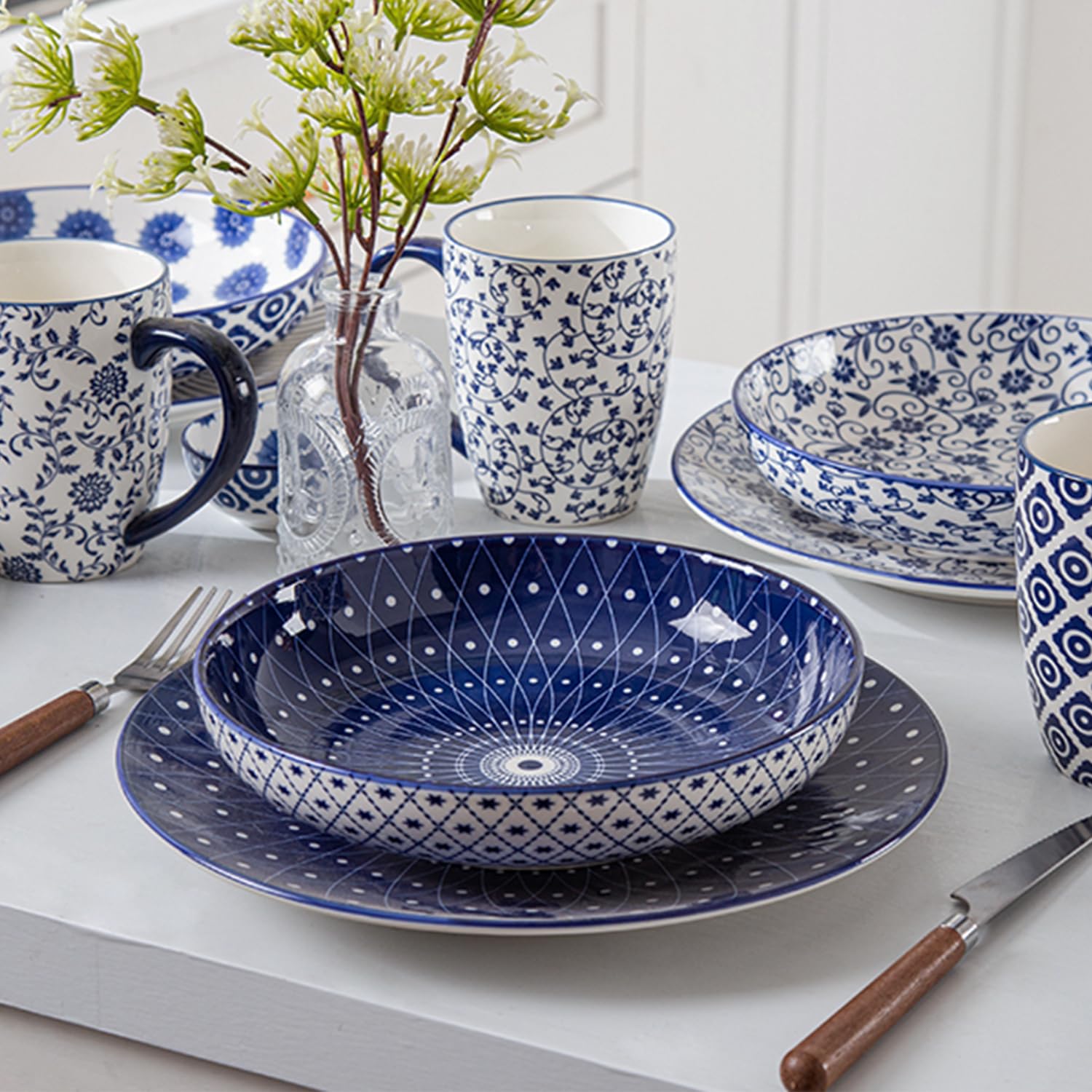 Pastaschüssel-Set aus Keramik, 900 ml, Porzellan, Servierschüsseln, Suppe, Müslischalen, 21,6 cm breit und flach, Mikrowellen- und spülmaschinenfest, Vintageblau, 4 Stück