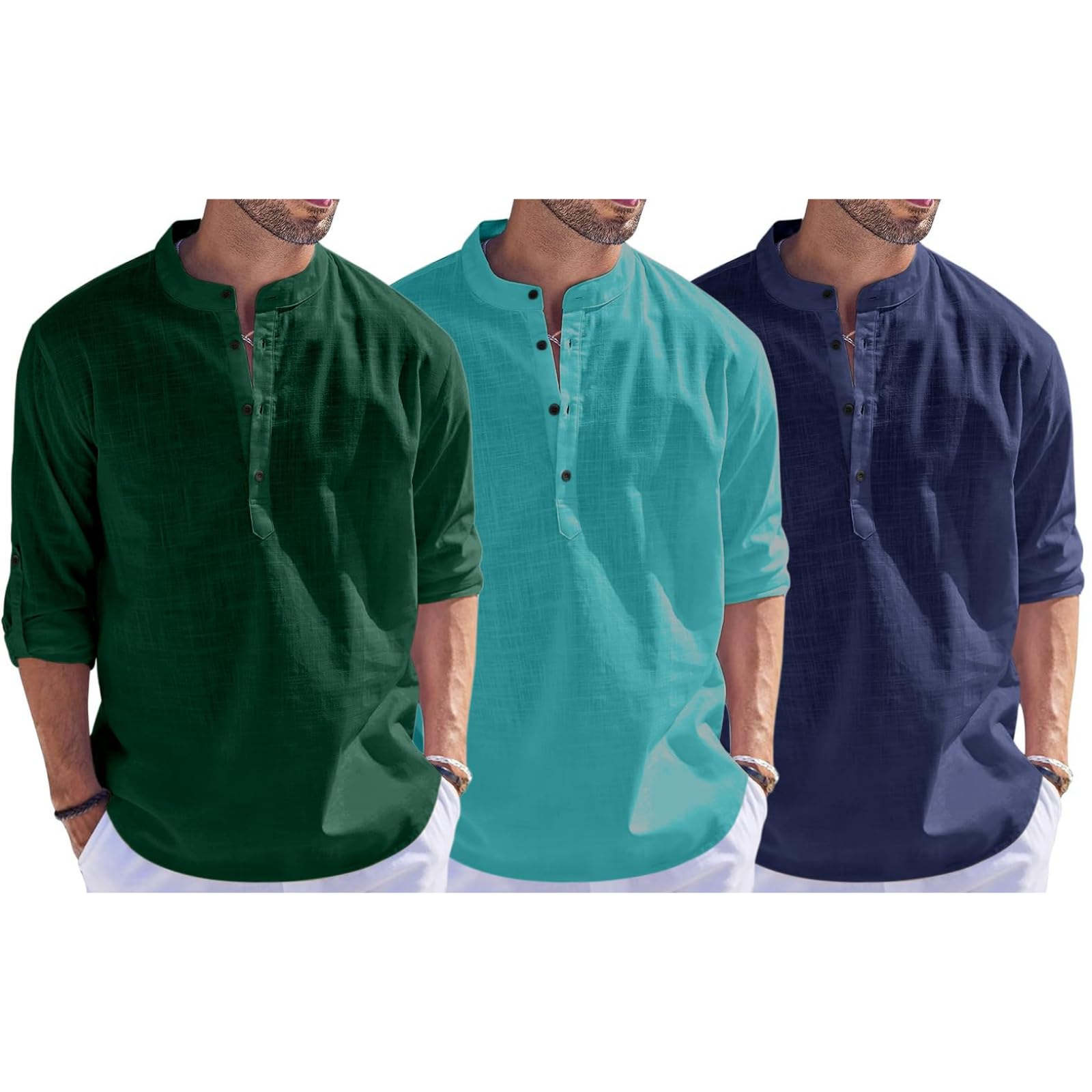 madhavista Men's Cotton Blend Combo Short Kurta with Mandarin Collar Neck Full Sleeves Solid Pattern Curved Hemline Regular Fit and Standard Length (Pack of 3)-picture-29