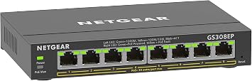 NETGEAR Unmanaged Plus Switching Hub, 8-Port Gigabit PoE+ Support Total 62W, Desktop Compact, GS308EP, VLAN, QoS, Low Noise, Fanless, Energy Efficient,