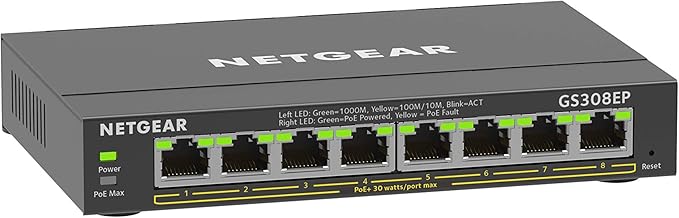 NETGEAR Unmanaged Plus Switching Hub, 8-Port Gigabit PoE+ Support (Total 62W), Desktop Compact, GS308EP, VLAN, QoS, Low Noise, Fanless, Energy Efficient, 5-Year Warranty