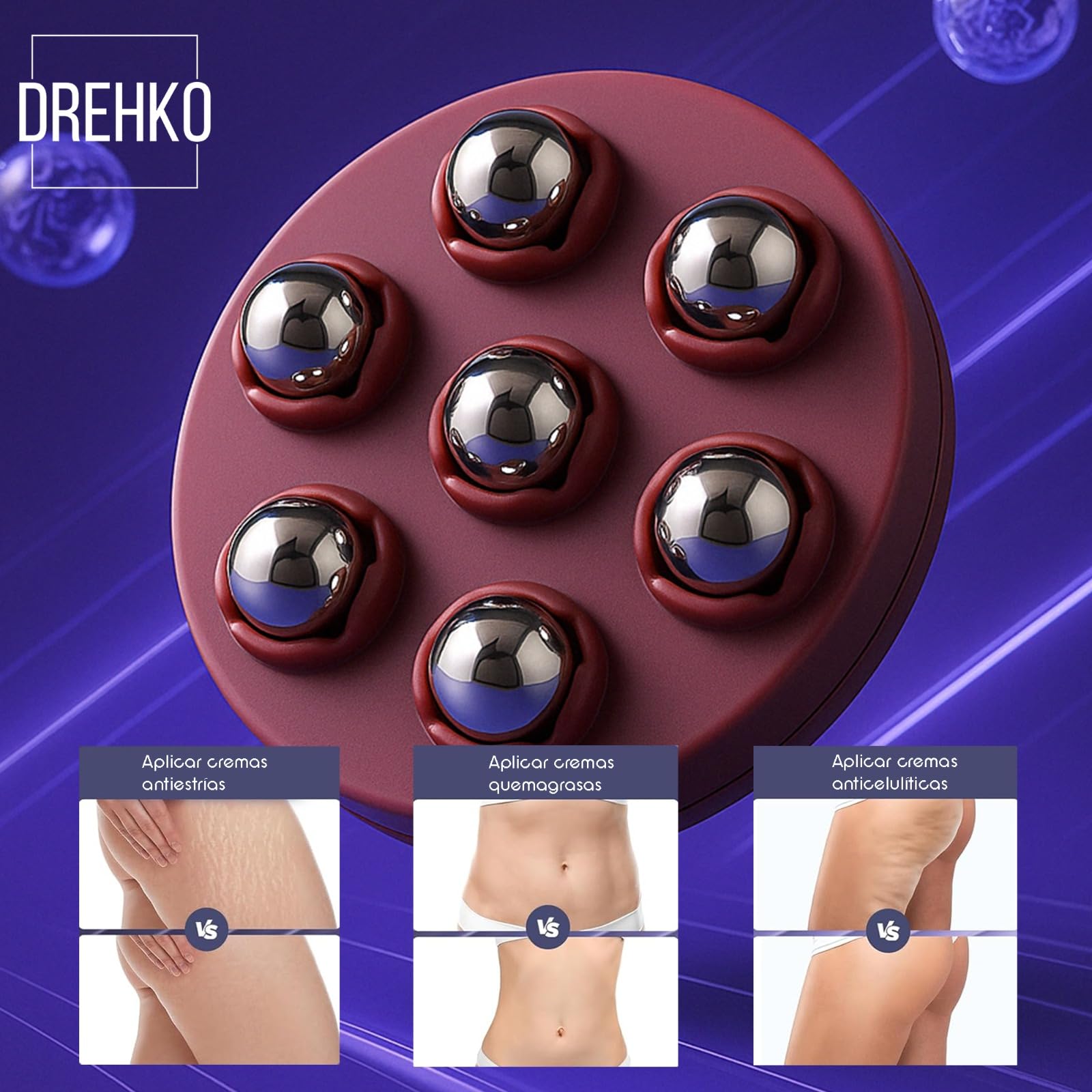 Masajeador Anticelulítico Manual con 7 Rodillos de Acero Inoxidable 360° | Piernas, Muslos, Glúteos, Abdomen y Brazos | Ideal para Aplicar Cremas Reafirmantes y Anticelulíticas (AZUL) (Rosa)