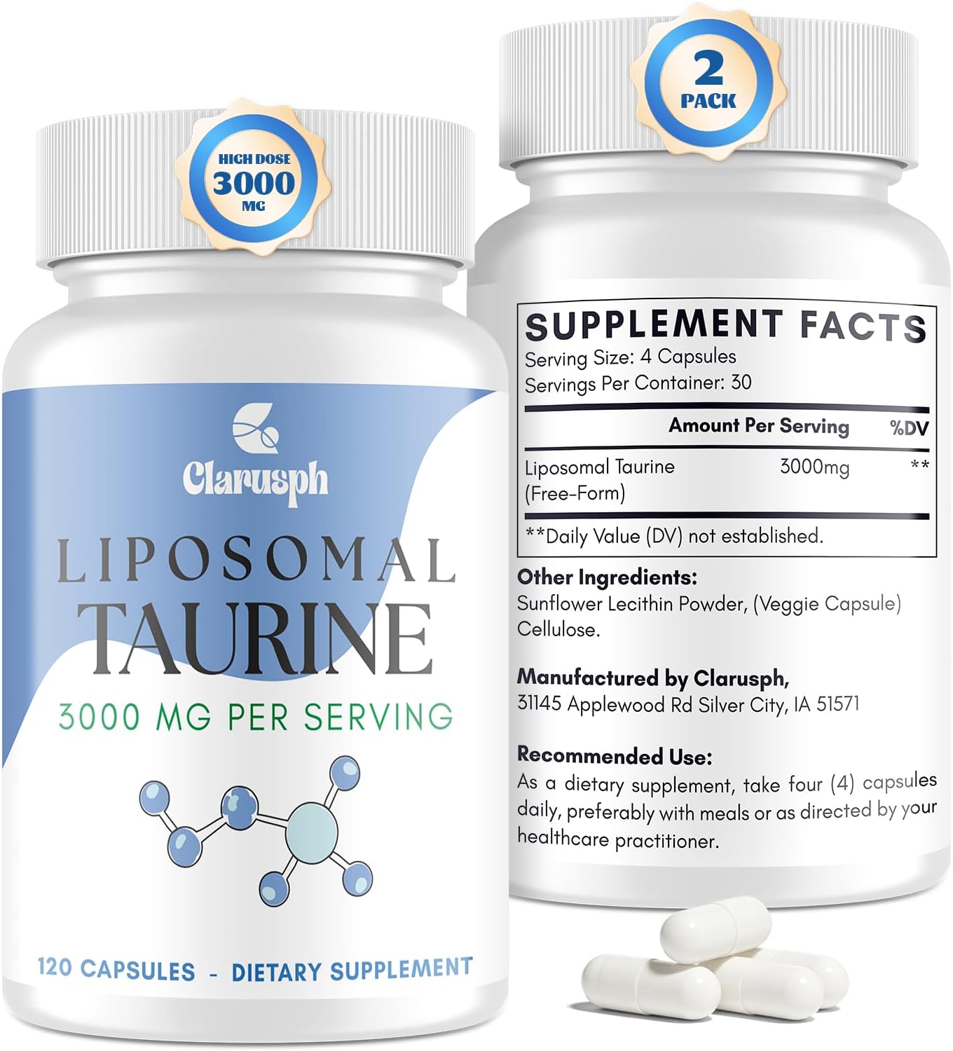 Taurine Supplement Liposomal Taurine 3000mg - High Dose Taurine Amino Acid Supplement for Energy & Muscle, Overall Well-Being, 240 Taurine Capsules, Vegetarian for Workout & Gym