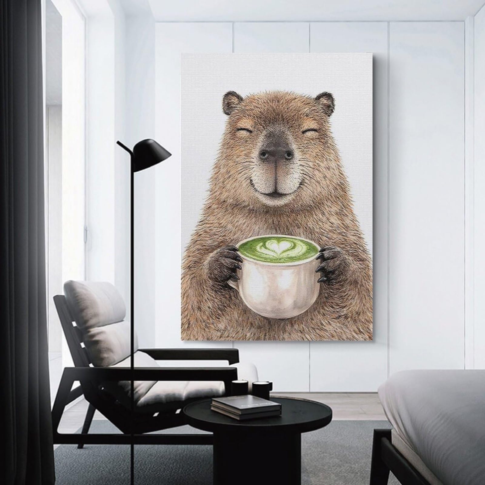 Junmoney Capybara Enjoying Matcha Latte Wall Art Print, 24x36inch(60x90cm), for Corridors, Hallways Or Apartment Entries, Wall Decor to Refresh Empty Corners