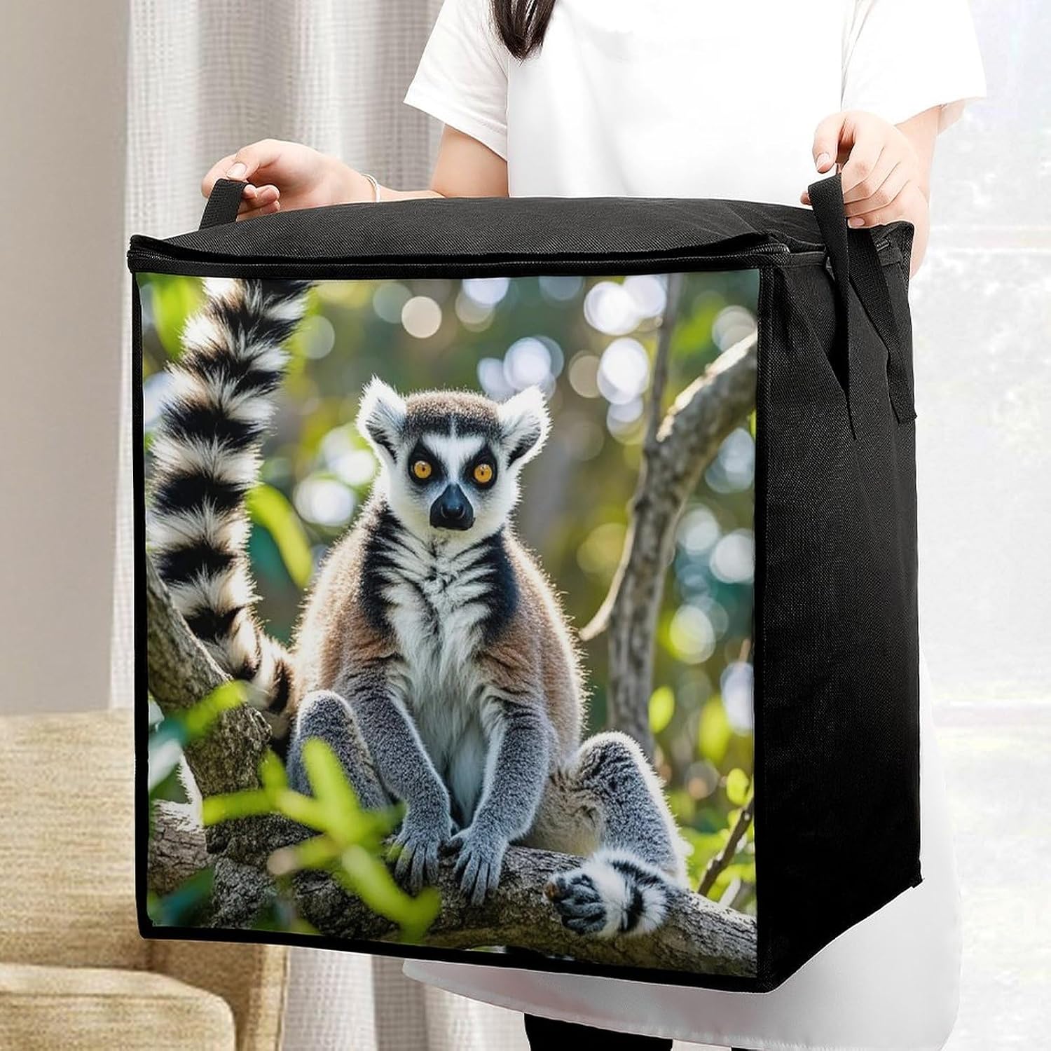 Large Ringtailed Lemur Storage Bags with Handle Foldable Closet Organizers Clothes Storage Bins Bedding Storage Containers Fabric Moving Bags Blanket Comforter Storage Bag 70L
