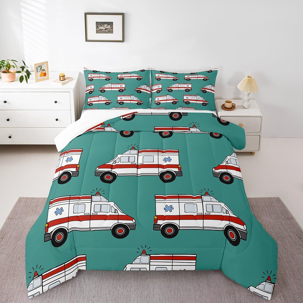 Feelyou Ambulance Bedding Set Kids Car Comforter Set Boys Girls Decor Cartoon Car Comforter Microfiber Emergency Responder Vehicles Green Duvet Set