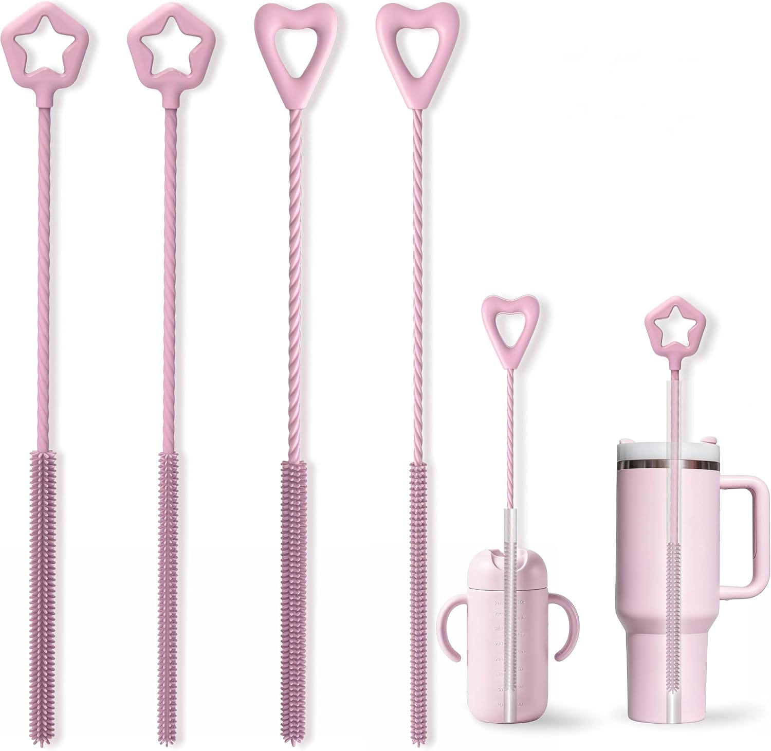 FreshNGo Silicone Straw Cleaner Brush, 4-Pcs Reusable Extra-Long Brush for Cleaning Metal & Glass Straws, Milkshake & Tumbler, 6mm+9mm, Pink(4, Pink)