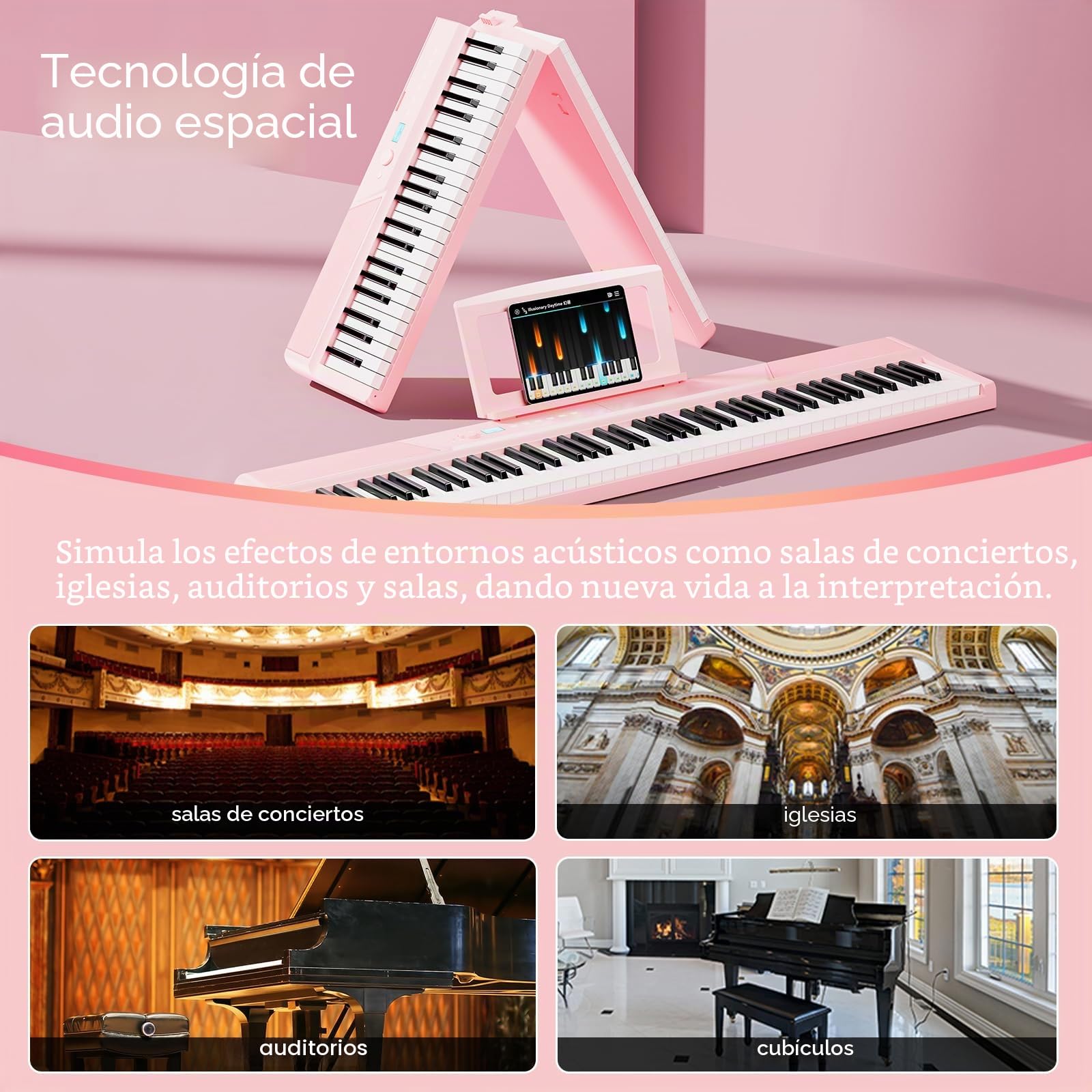 TERENCE Piano Electrico 88 Teclas Teclado Dinámico Pesado 2 Altavoces de 15W Panel Táctil Sensible Función de Grabación de Video y Audio Integrada Soporte para Auriculares y Altavoces Externos Rosa