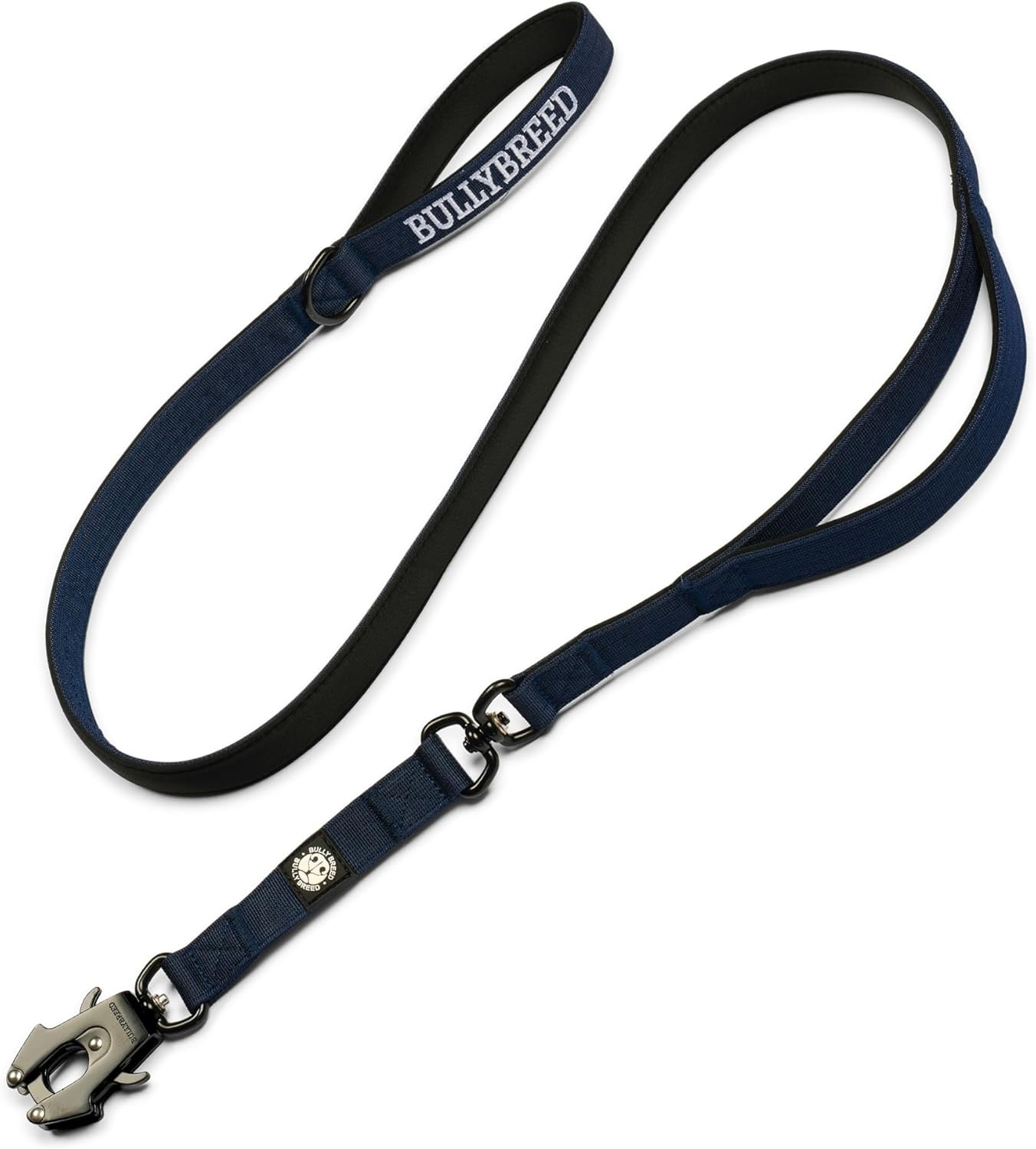 BULLYBREED | Heavy Duty Dog Leash, Tactical Dog Leash, Quick Release Frog Clip with Anti-Tangling Swivel System for Large Dogs that Pull with Soft Double Handles (5 FT Long, Navy Blue)