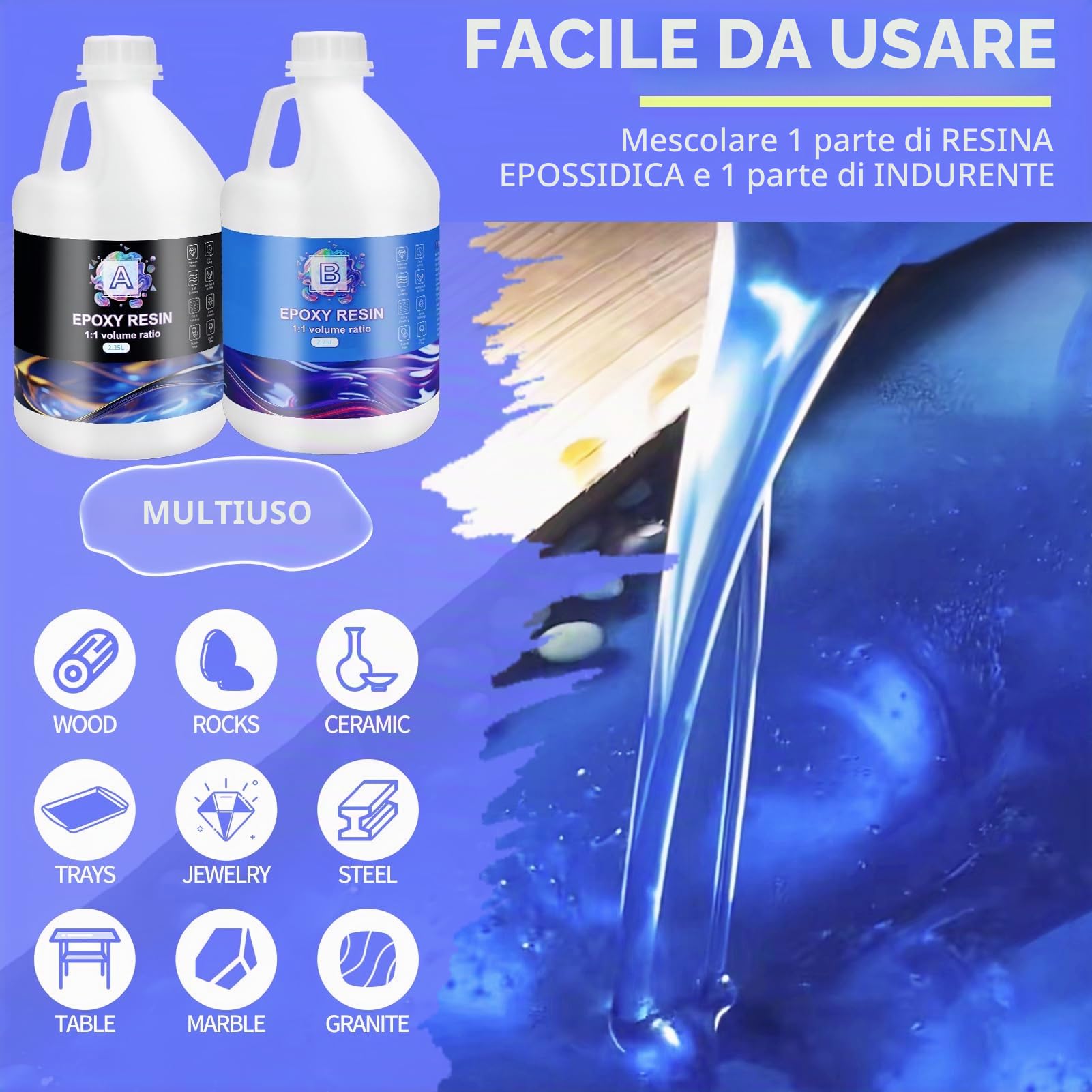 Set di resina epossidica da 4,5 L, con indurente 1:1, per principianti, resina colata cristallina con colori, glitter per legno, rivestimento per colata su legno, fusione a stampo, decorazione