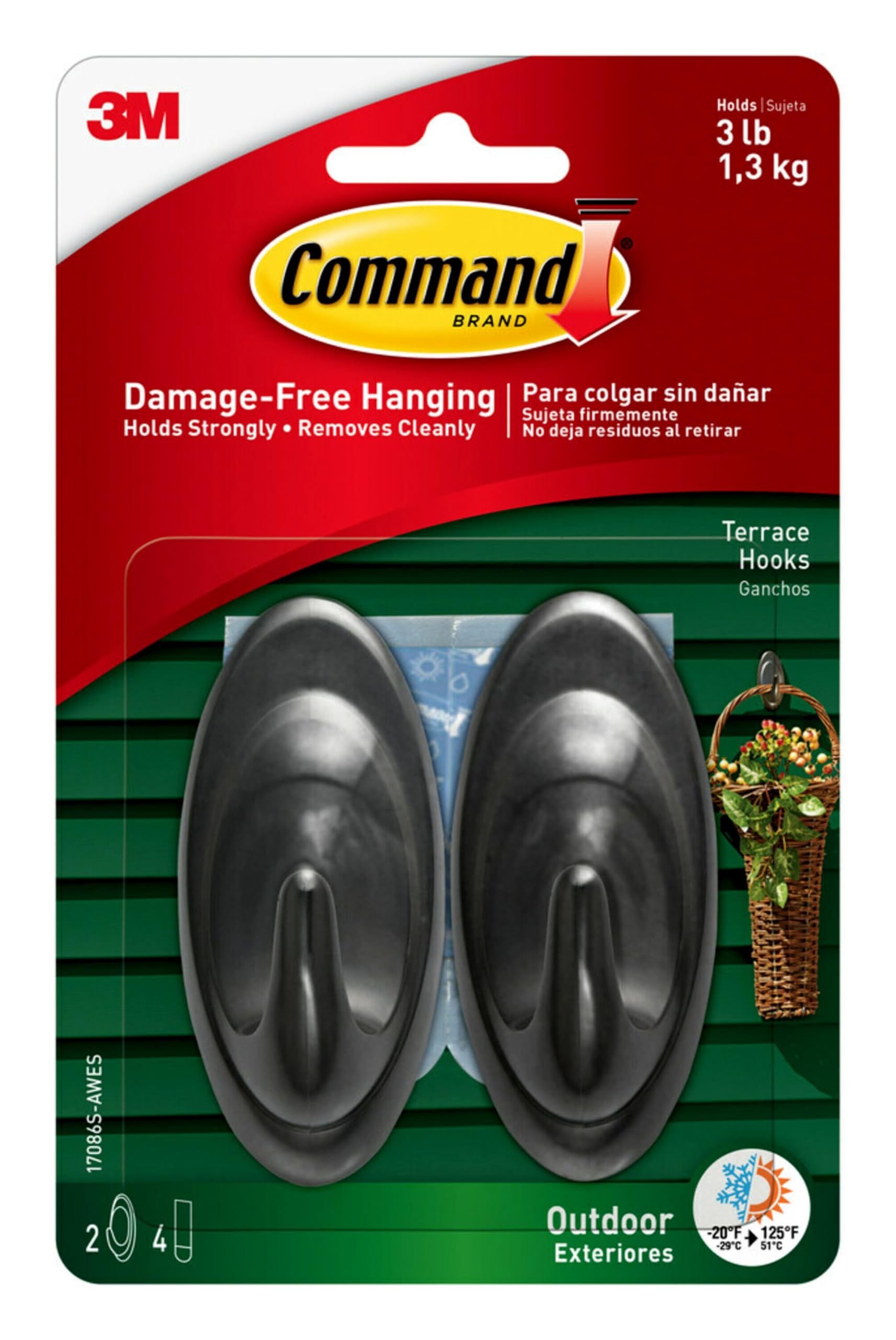 Command Outdoor Terrace Hooks, 2 Hooks and 4 Command Strips, Damage-Free Hanging Wall Hooks for Hanging Outdoor Wall Decor with Weather Resistant Strips, Holds up to 3 lb