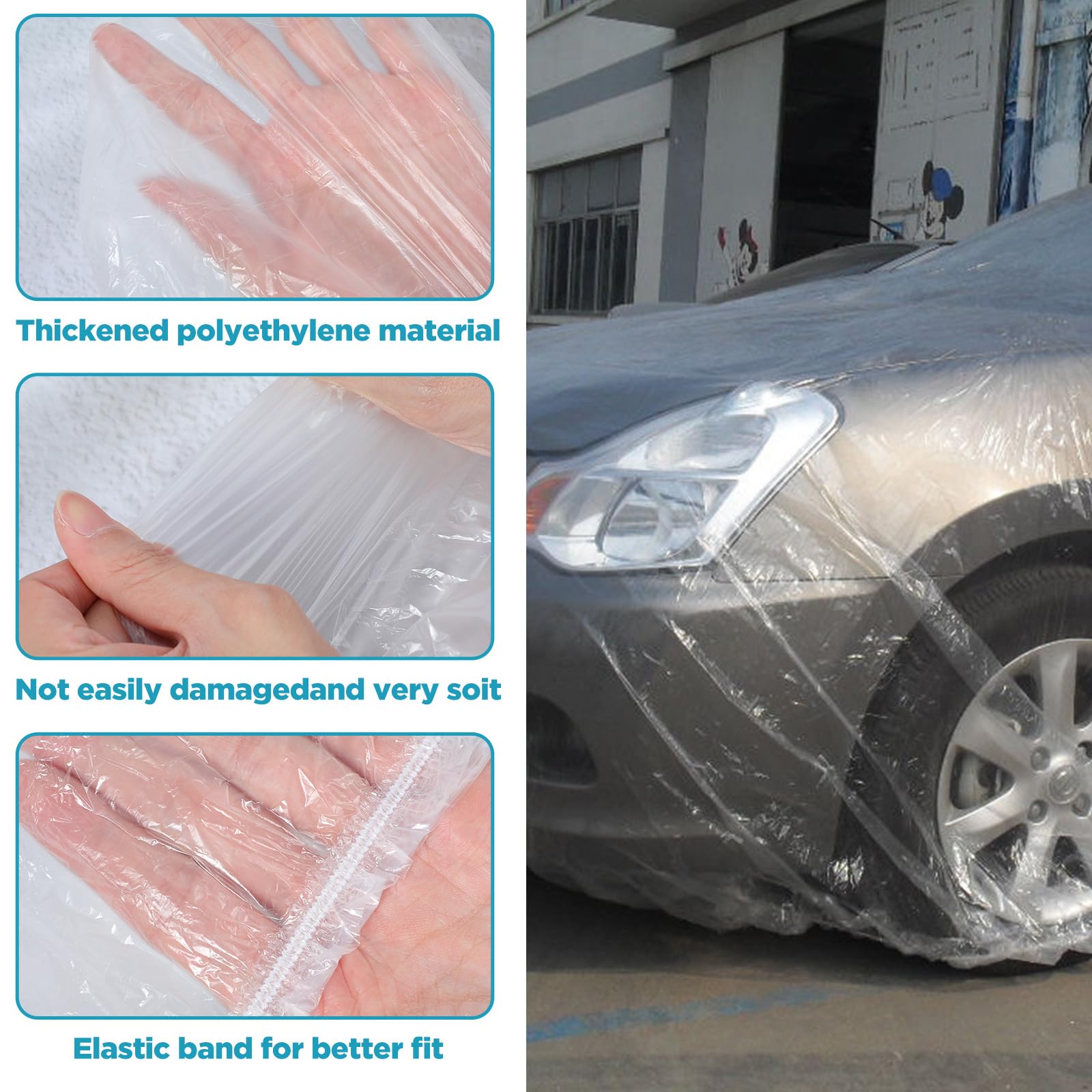 Molain 4 Pack Disposable Car Cover Clear Plastic Car Cover Waterproof Universal Rain Dust Garage Covers with Elastic — view 3