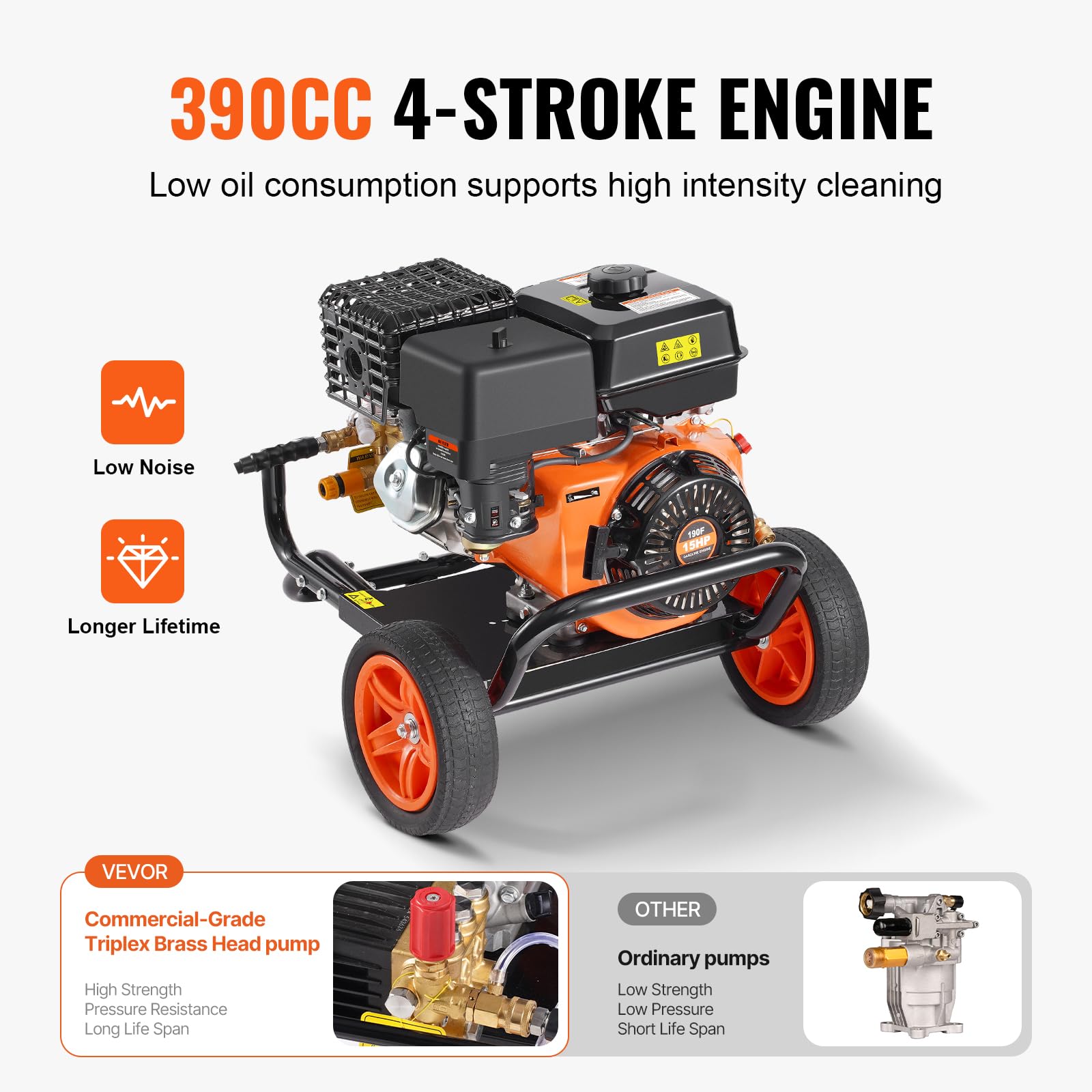 VEVOR Lavadora de Alta Presión a Gas 4400 PSI Limpiador de Alta Presión 15 L/min con Bomba de Cobre, Pistola Rociadora, Varilla de Extensión, 5 Boquillas para Casas, Vehículos, Patios