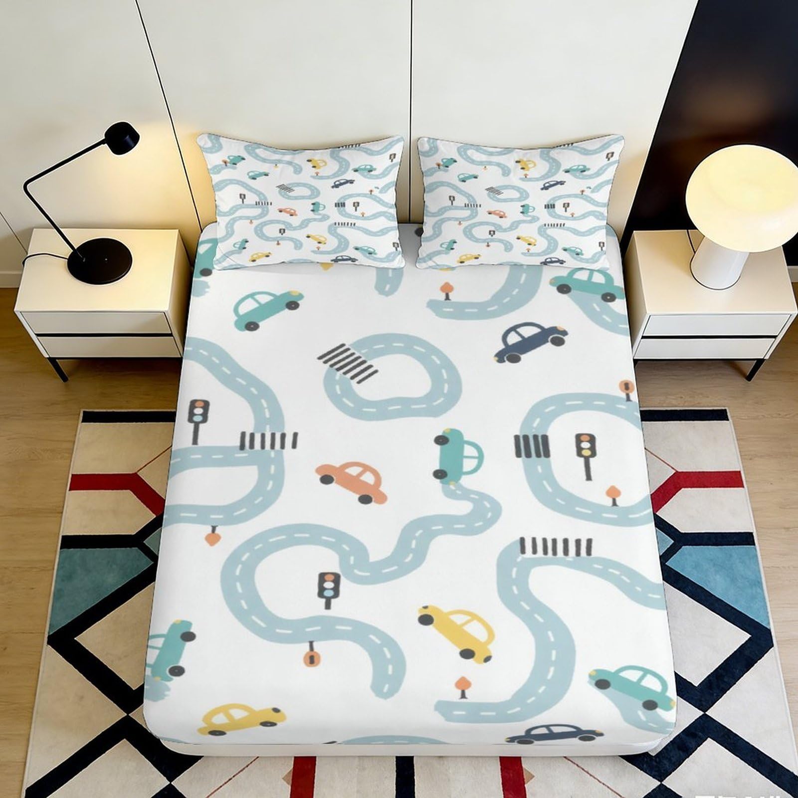Pnayamiorkfel Style-10 3D Printed Cartoon Road Car Fitted Sheet Microfiber Soft Breathable Bed Cover For Bedroom Kids Guest Room Decor 90X200x25cm