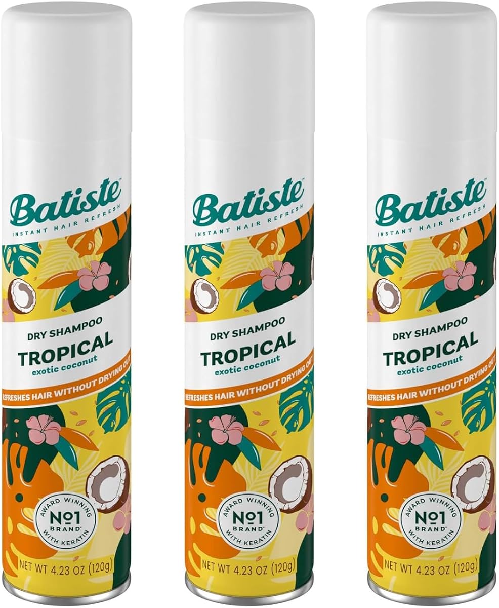 Champú seco, fragancia tropical, refresca el cabello y absorbe el aceite entre lavados, champú sin agua para mayor textura y cuerpo del cabello, botella de champú seco de 4.23 oz (paquete de 3)