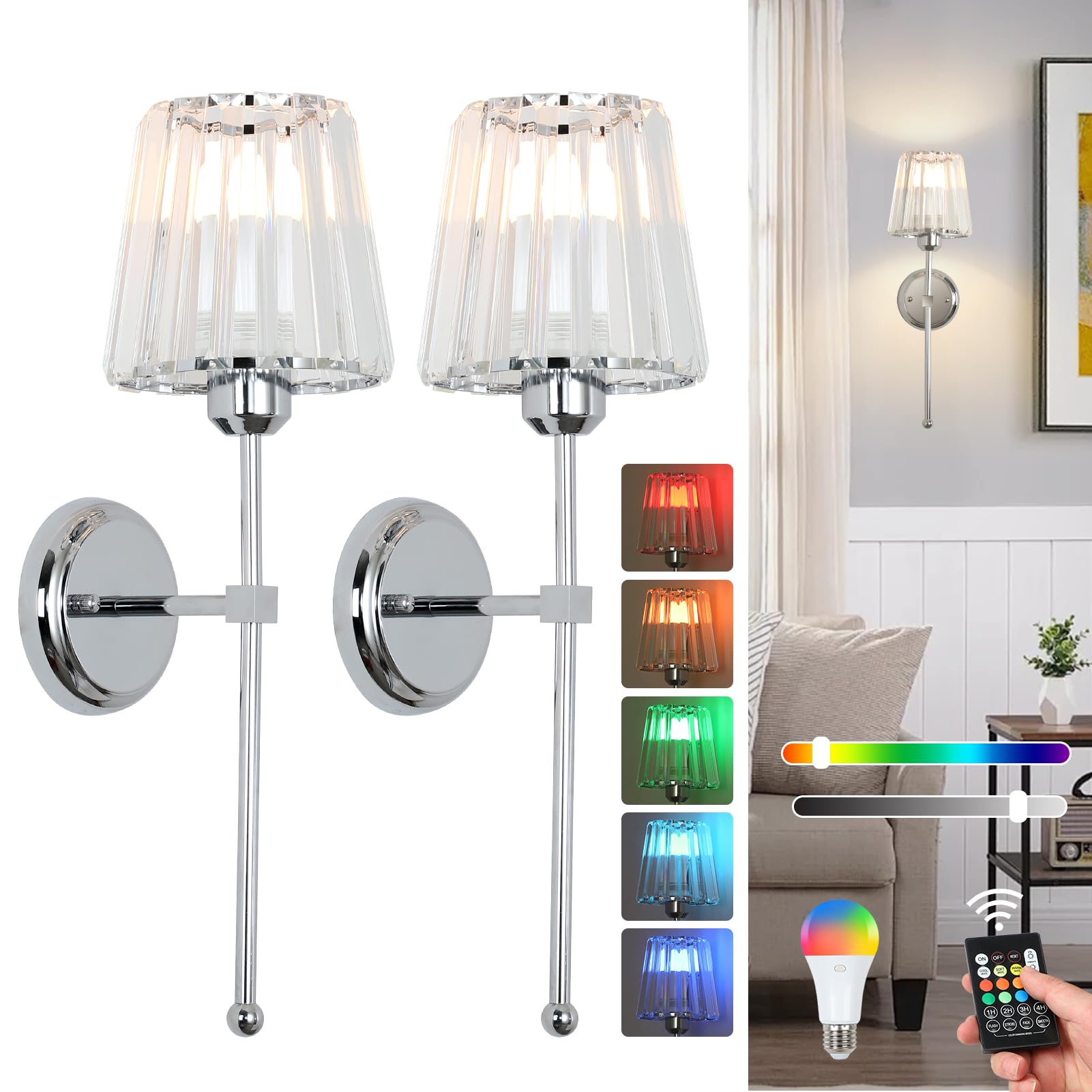 Stepeak Battery Operated Wall Lights Set of 2, Rechargeable Wall Lights Indoor with USB Charging Bulb & Remote, Glass Wireless Wall Light Sconce, Battery Operated Wall Sconces for Bedroom Living Room
