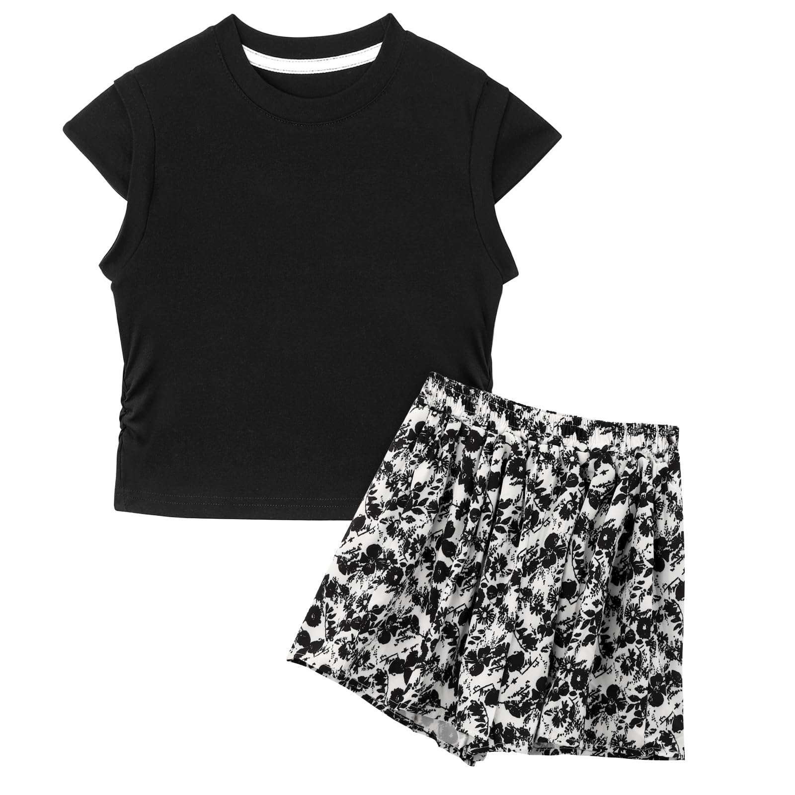 KAKU NANU Ensembles Filles D'été Couleur Unie T-shirt Short 2 Pièces Filles 3-10 Ans