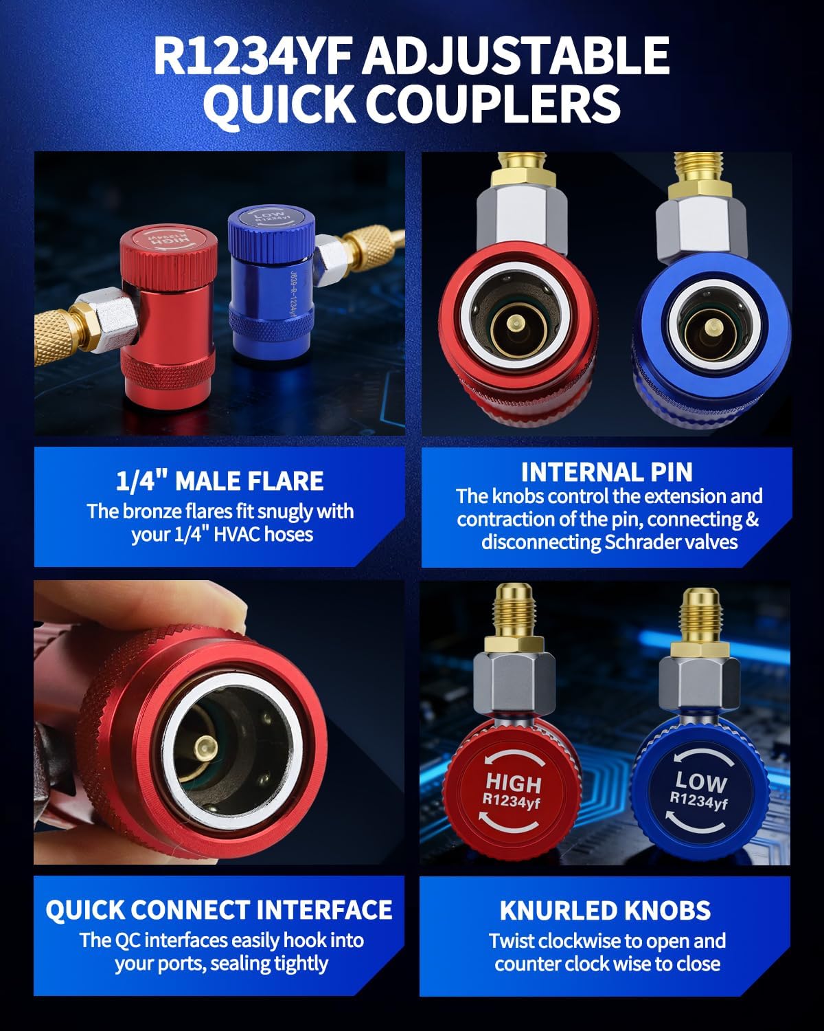 R1234yf Quick Coupler Adapter Kit, Quick Connect R1234yf Adapters & AC Hose Fitting Connectors, High/Low R1234yf Adapter for Air Conditioning Evacuation and Recharging, Conditioning Line Repair Tools