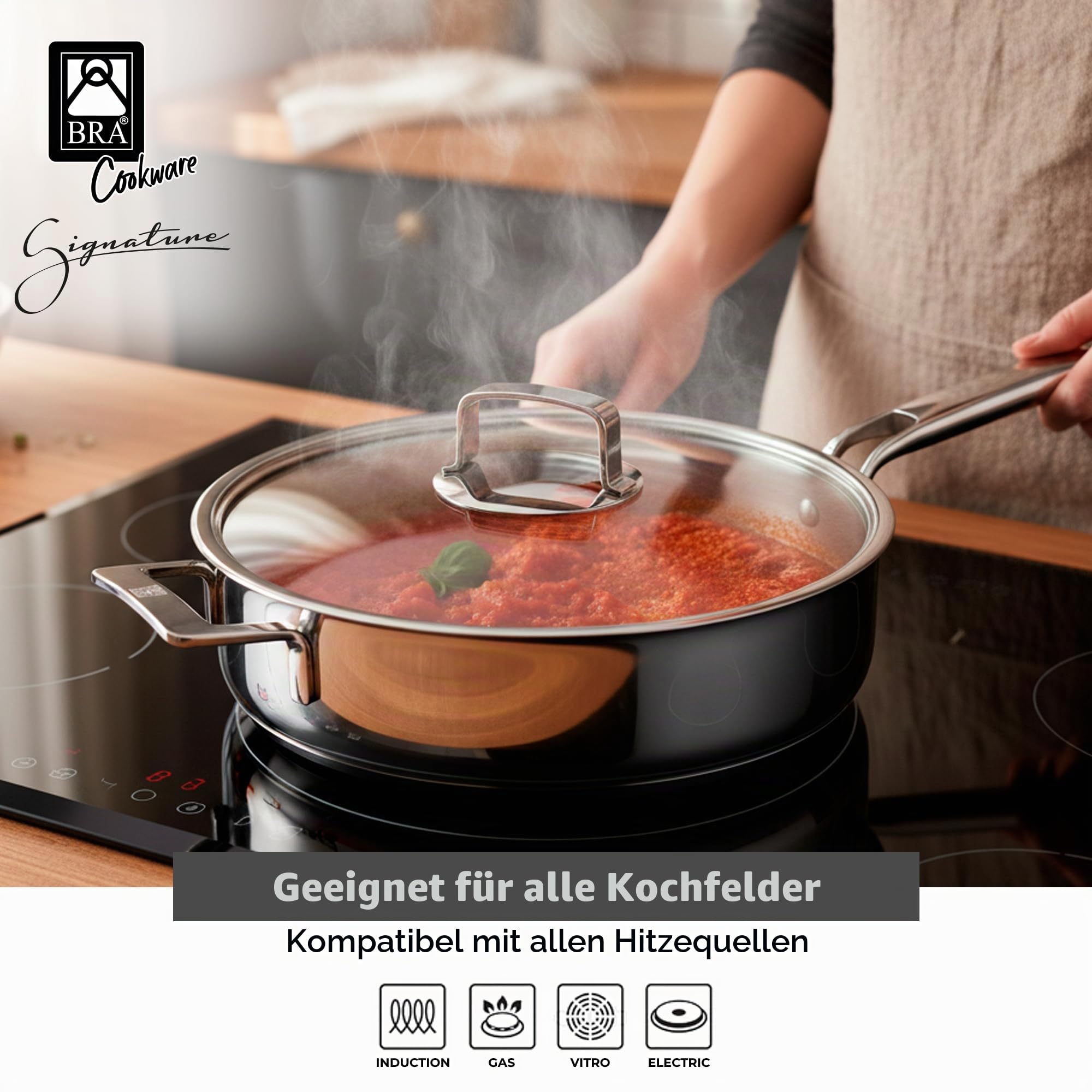 BRA Signature | Schmorpfanne 28 cm, Edelstahl 18/10, Mit Glasdeckel