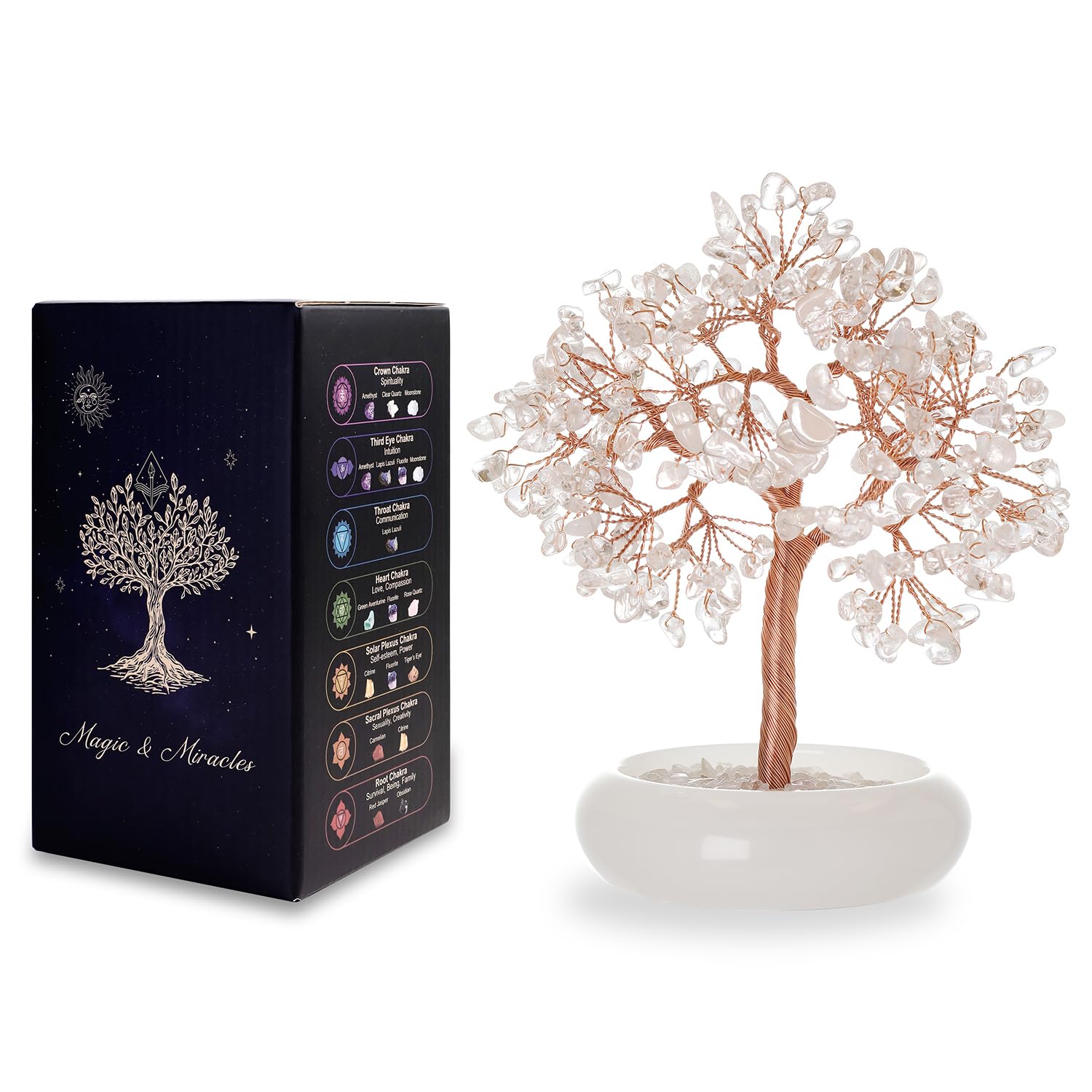 Magic & Miracles Árbol de la Vida Bonsái de Cuarzo Transparente Natural con 243 Piedras Cuenco de Jade Blanco Decoración Feng Shui para Salón Dormitorio y Oficina Regalo Espiritual, 14 cm