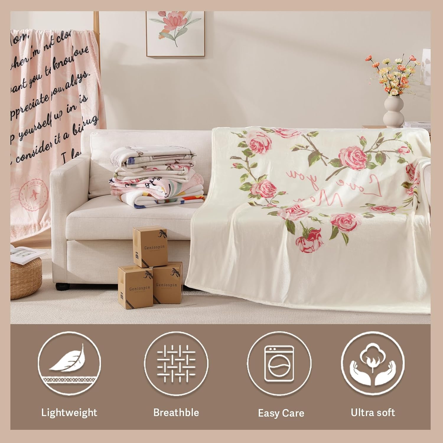 Geniospin Throw Blanket for Mom Birthday Gifts from Daughter Son, Dear Mom Blanket for Women's Day, Super Soft Flannel Throw Blanket for Couch Bed Sofa, Warm and Cozy