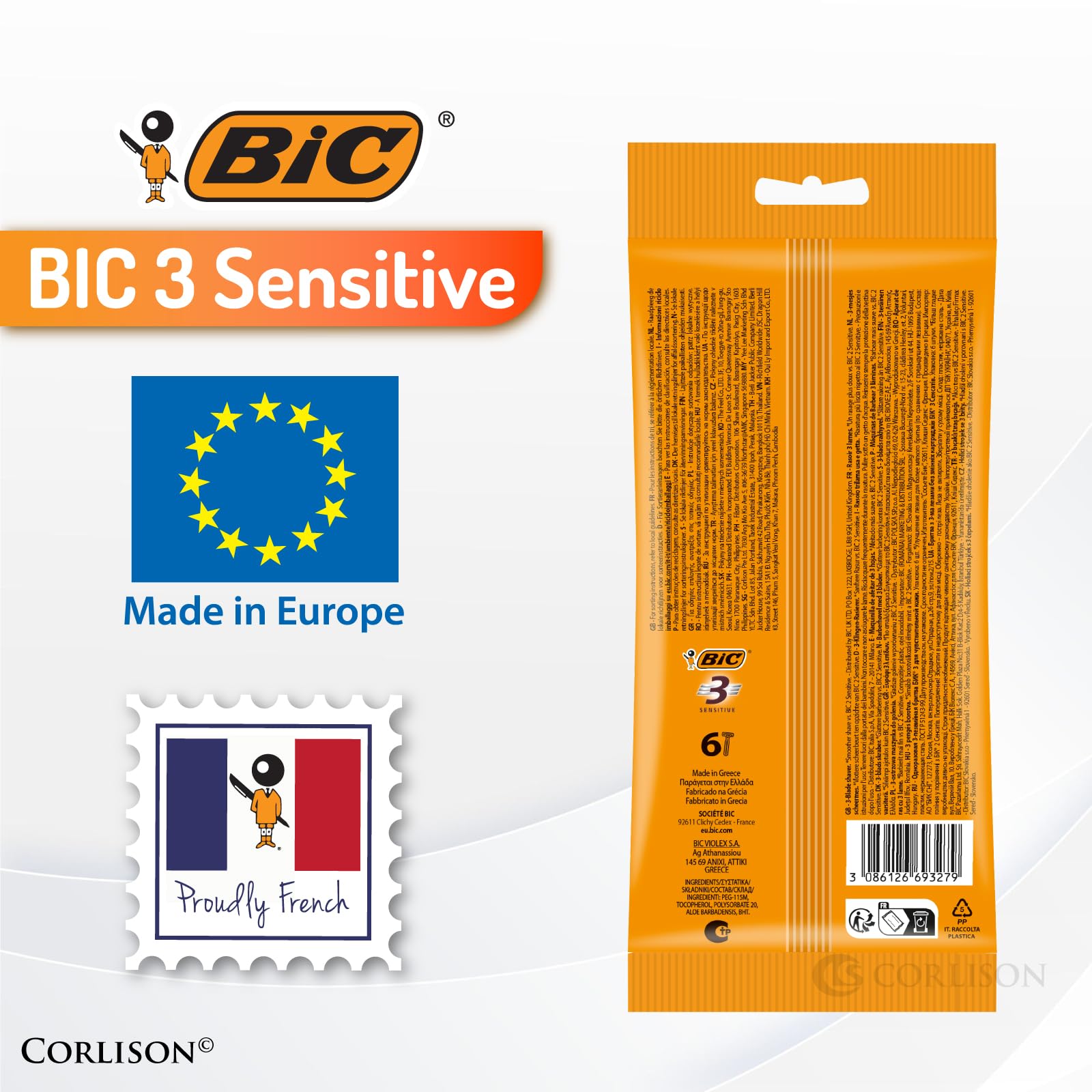 BIC 3 Men Sensitive Disposable Razors Pack of 6 (4+2) Triple-Blade Shaver with Lubricating Strip & Flexible Head for Extra-Close, Comfortable Shaving Sensitive Skin