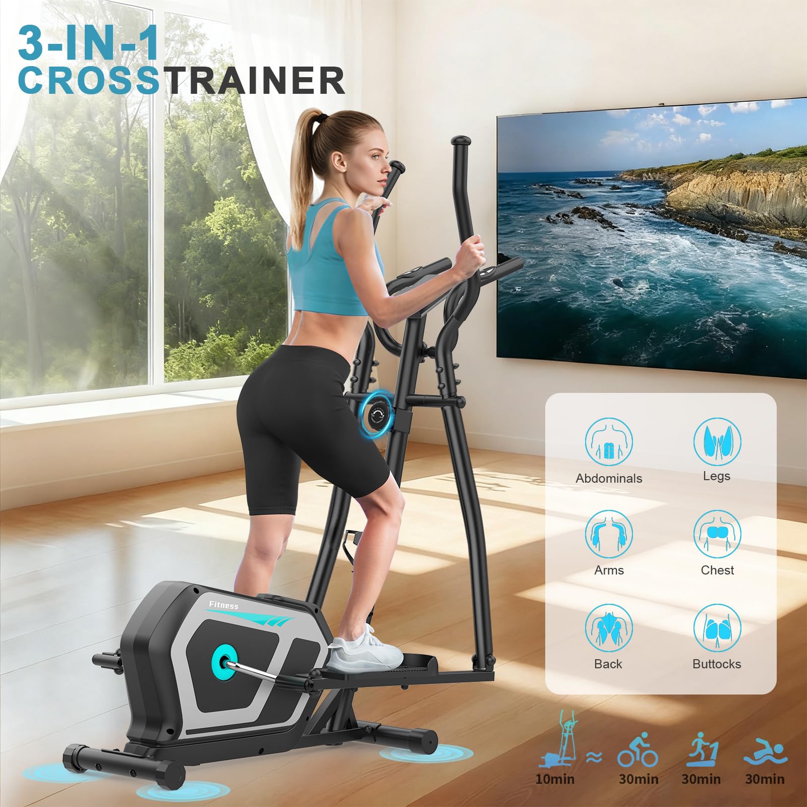 Ellittiche Da Casa con App, 3-in-1 Ellittica Ultra Silenziosa con 16 Livelli di Resistenza,volano da 6 kg, Monitor LCD, Pedale Antiscivolo, Portabottiglie, Cyclette Ellittica Fino a 287 LBS