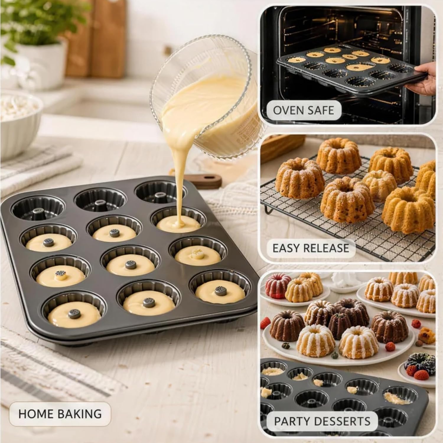 2 Pack Mini Bundt Cake Pan, 12 Cavity Carbon Steel Bundtlette Cake Pan, Nonstick Fluted Baking Mold for Oven, Gray
