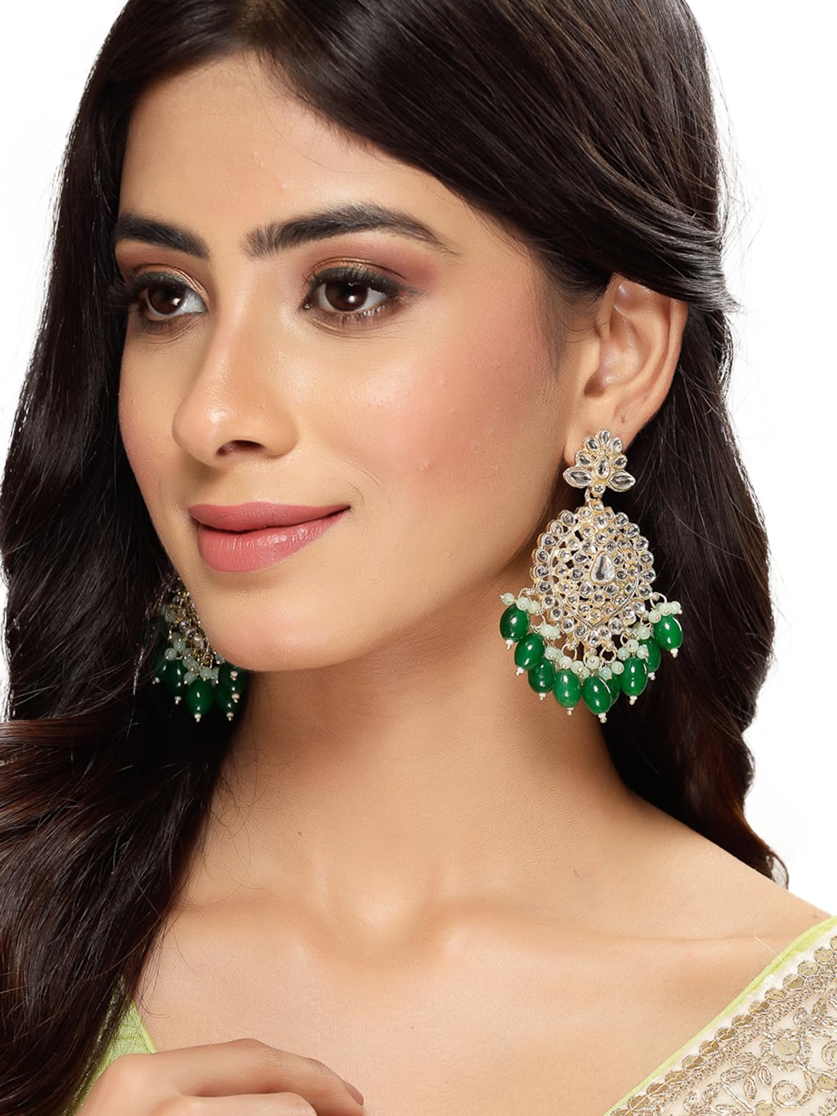 Elegant Beaded Kundan Drop Earrings (E105786)