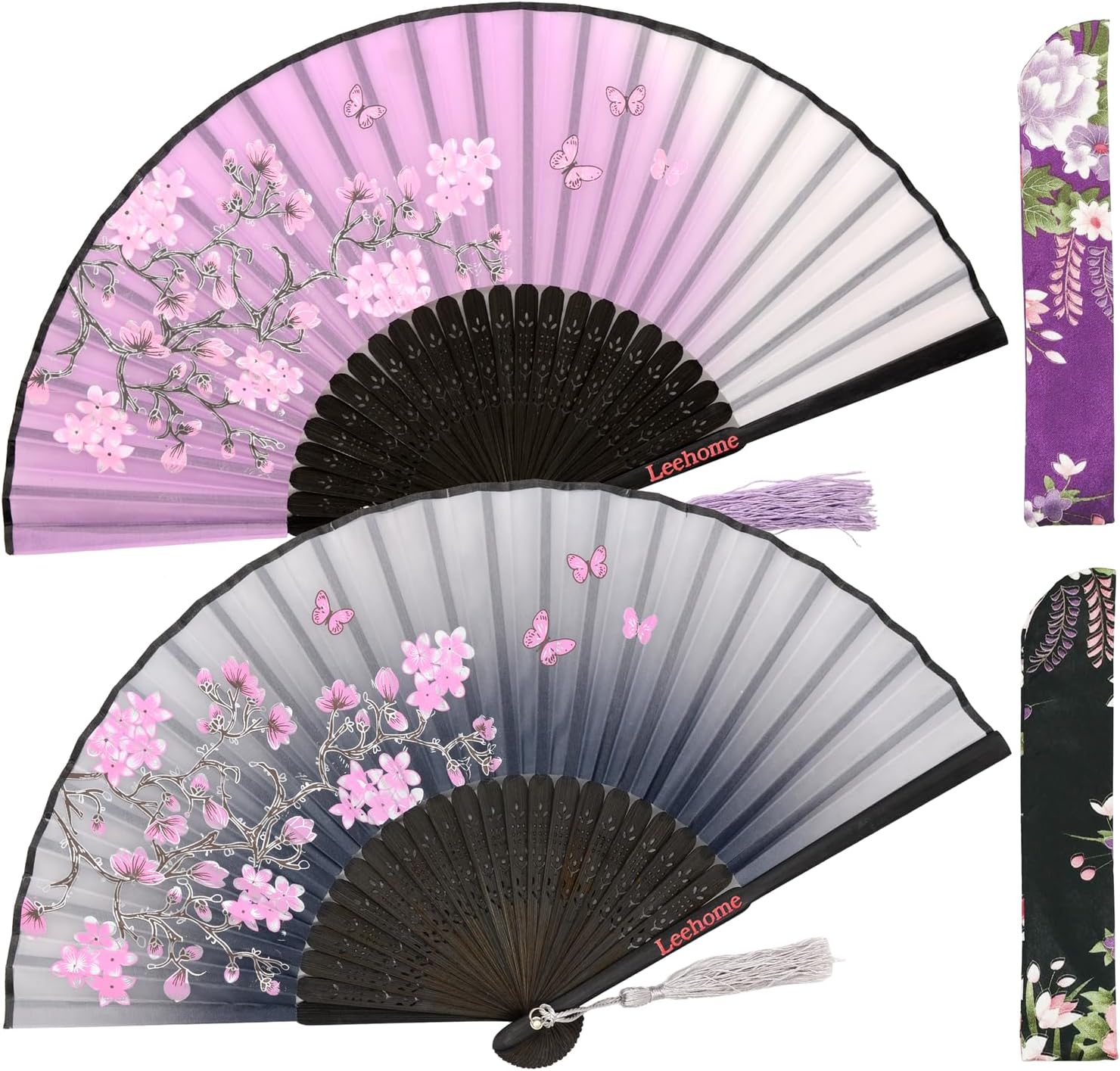 Small Folding Hand Fans for Women -Chinese Japanese 2pcs Vintage Bamboo Silk Fans - for Dance, Music Festival, Wedding, Party, Decorations,Gift. (Grey & Purple Sakura Butterflies)