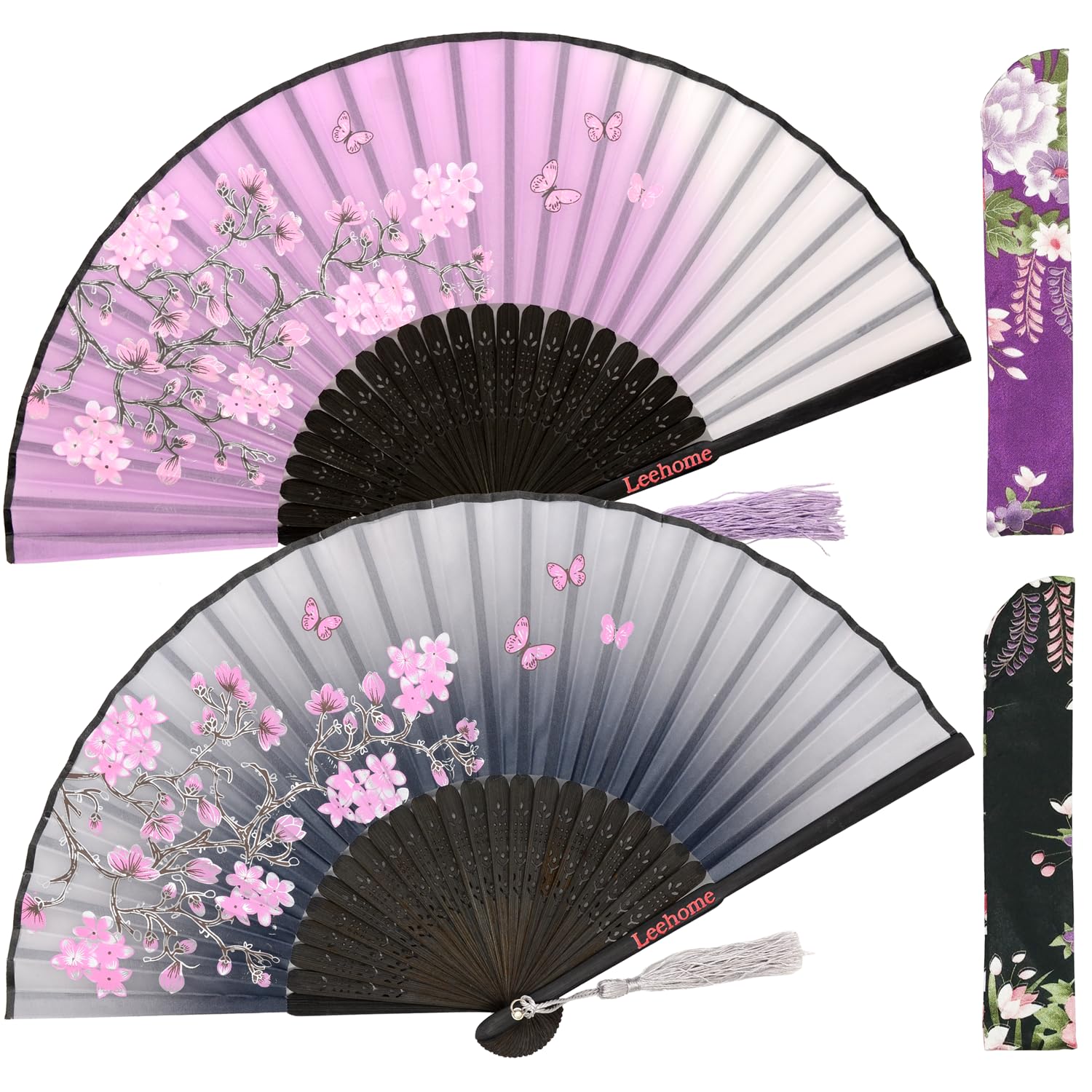 Small Folding Hand Fans for Women -Chinese Japanese 2pcs Vintage Bamboo Silk Fans - for Dance, Music Festival, Wedding, Party, Decorations,Gift. (Grey & Purple Sakura Butterflies)