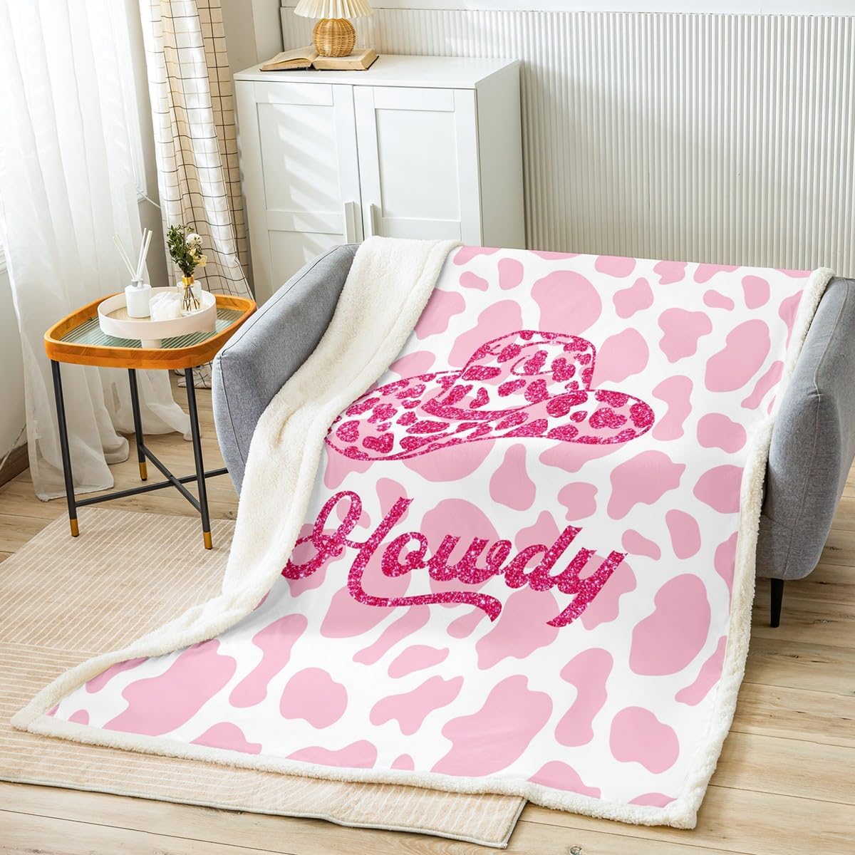 Cowgirl Throw Blanket,Western Cowboy Style Fleece Blanket Pink Cowhide Print Blankets Kids Girls Woman Boys Room Decor,Fashion Pink Red Glitter Cowgirl Sherpa Blanket,for Chair/Sofa,60"×80"