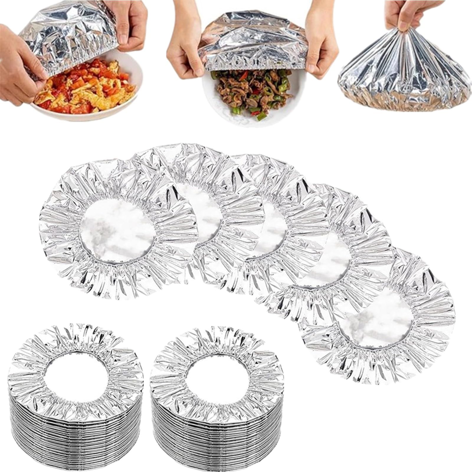 50pcs Aluminium Foil Covers for Food, Repeatable Aluminum Foil Film Insulation Cover Reusable Aluminum Foil Food Covers Adjustable Elastic Kitchen Lids for Meal Prep, Leftovers Food