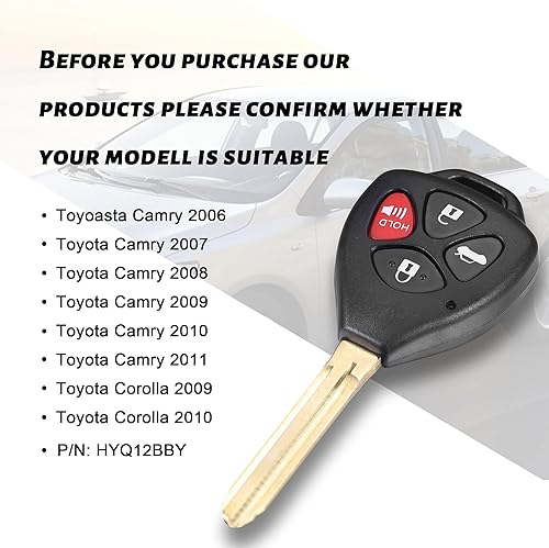 Miniatura 2 de VOFONO Llavero remoto de repuesto para Toyota Camry 2007 2008 2009 2010 2011Corolla 2009-2010 Control remoto de entrada sin llave FCC ID HYQ12BBY,