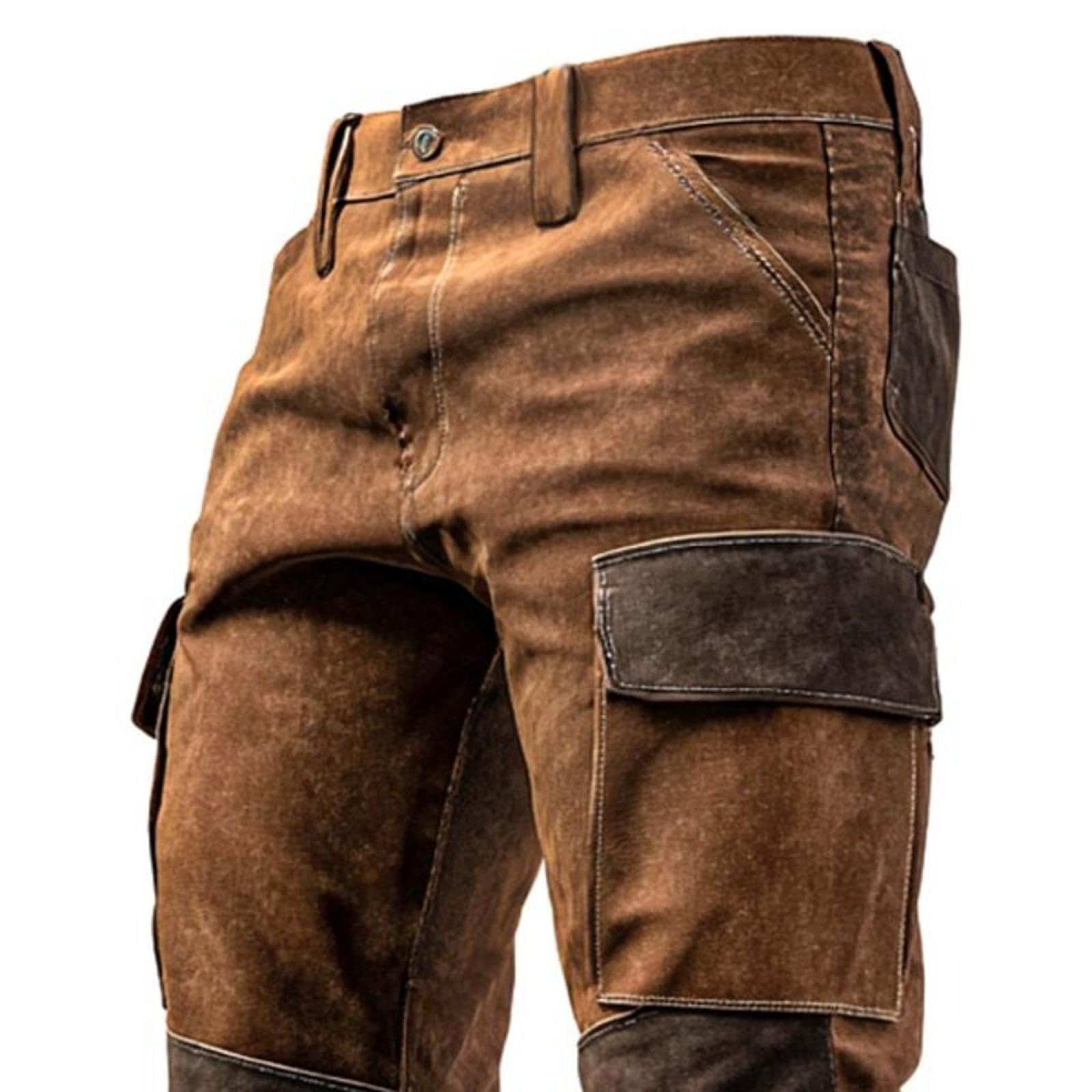 Pantaloni Cargo da Uomo in Finta Pelle Scamosciata Marrone Retro Design a Ginocchio a Patchwork con Tasche Multiple