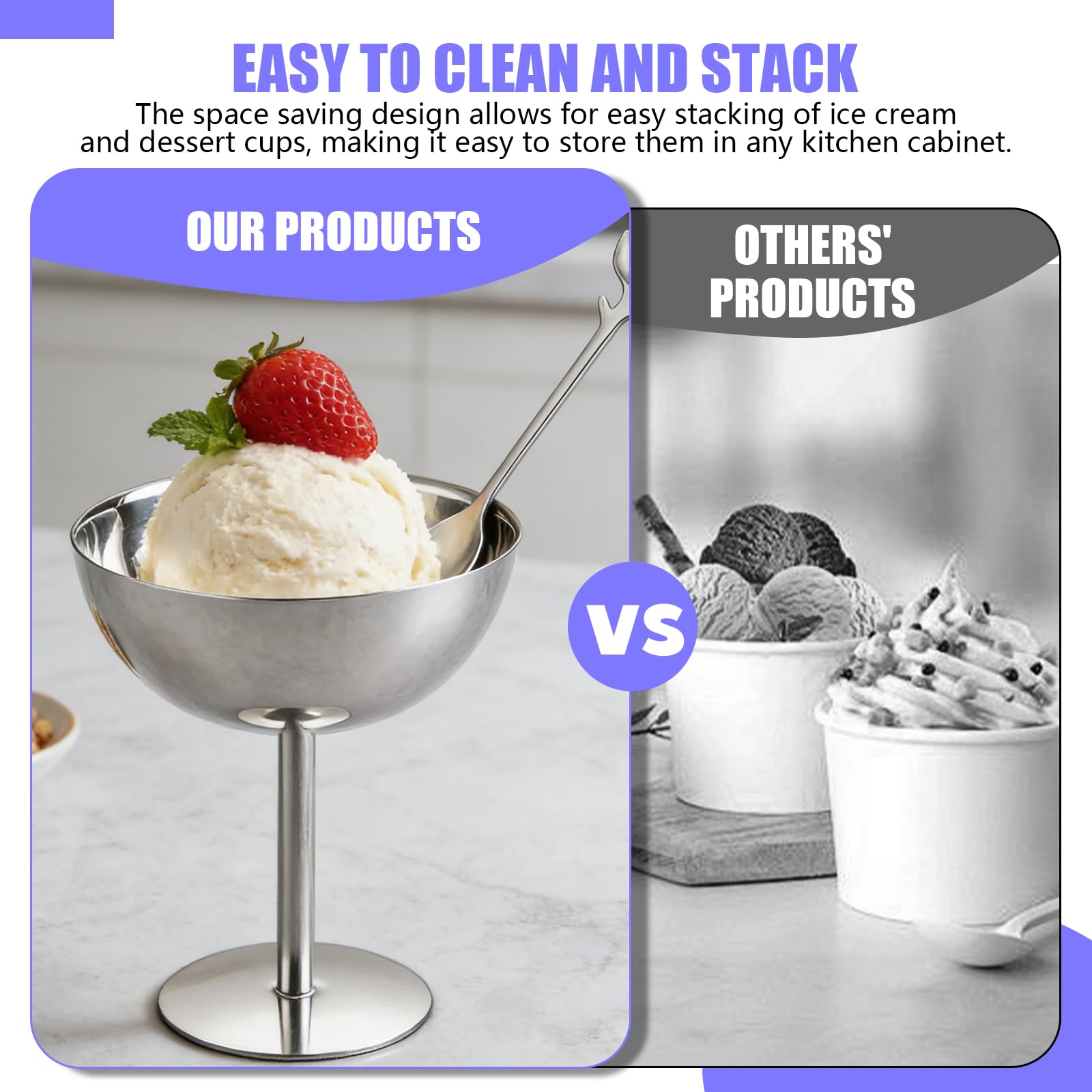 4 bicchieri da gelato in acciaio inox, 200 ml, con 4 cucchiai da dessert, forma rotonda, per gelato, dessert, yogurt, dessert per matrimoni, feste, ristorante, argento