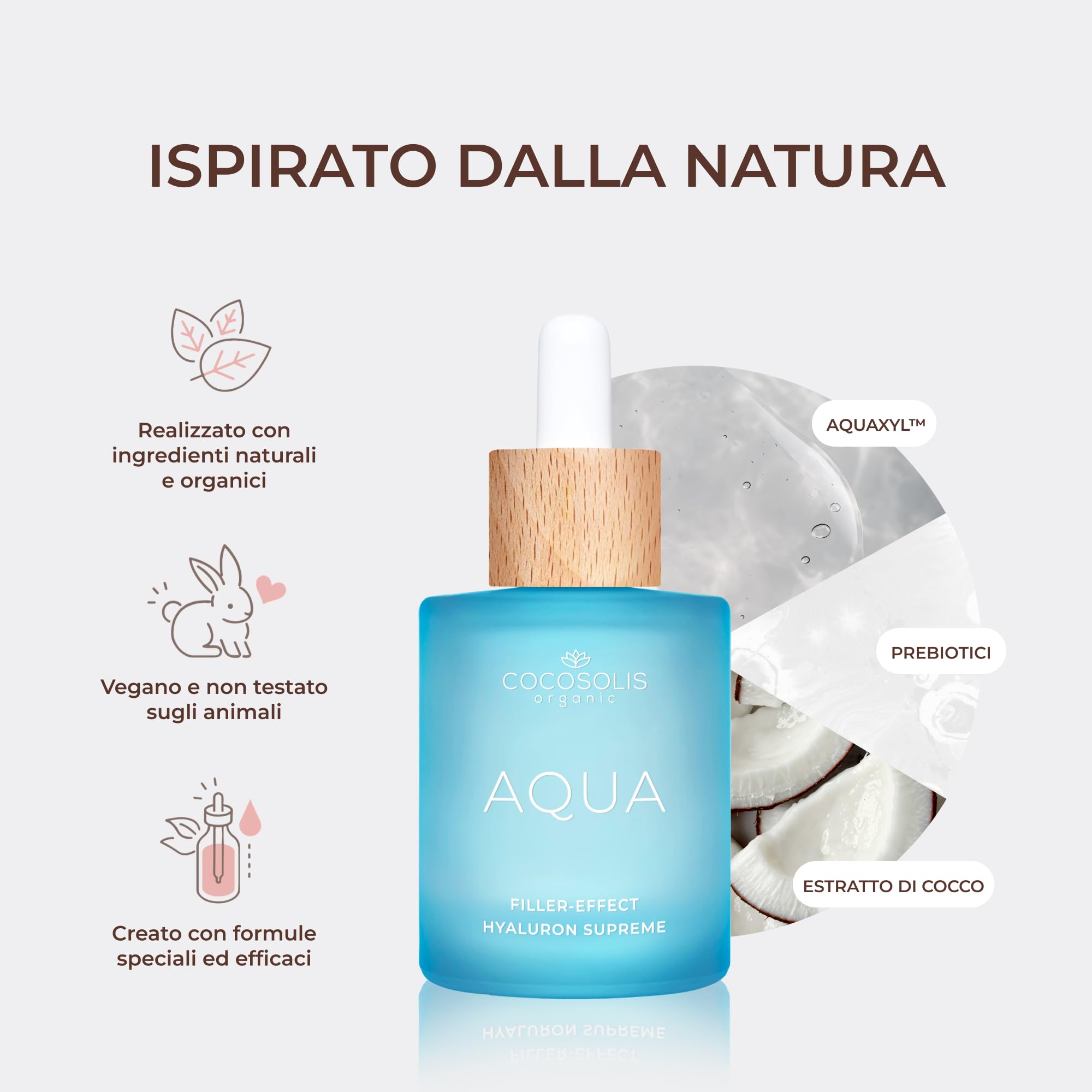 COCOSOLIS AQUA Filler-Effect Hyaluron Supreme Siero viso con 8 tipi di acido ialuronico e Aquaxyl™, vegano Anti-Age Cura diurna con Ultra Idratazione