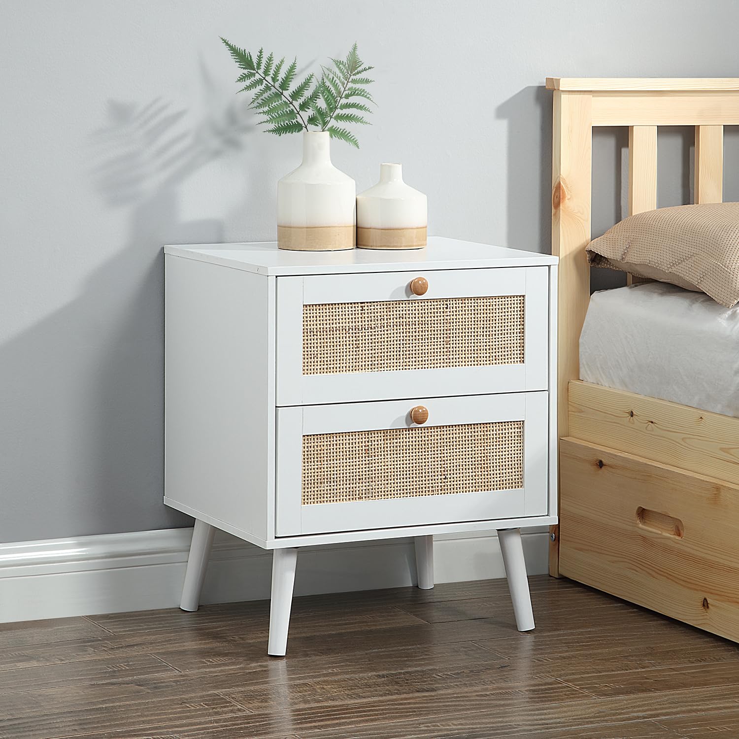 Home Treats Bedroom Furniture Set Rattan White Wooden Chest of 2 Drawers Bedside Table Rustic Country Rattan Weave (2 Drawer Bedside)
