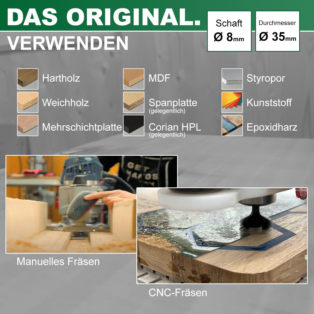 Fraiser Tornado - Planfräser Holz mit Schnittdurchmesser 35 mm und 8 mm Schaft, 3 austauschbaren HM-Wendeplatten - Flächenfräser, Kantenfräser und Nutfräser für CNC und Oberfräse