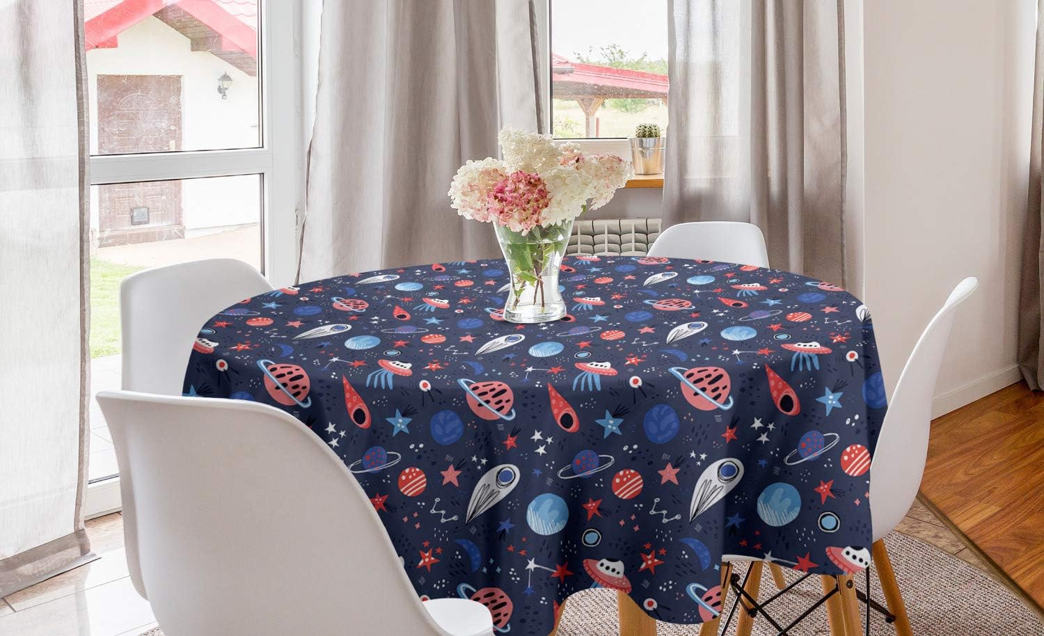 Lunarable Mid Century Round Tablecloth, Continuous Pattern Atomic Shaped Abstract Retro Motifs Art Print, Circle Table Cloth Cover for Dining Room Kitchen Decoration, 60", Coral