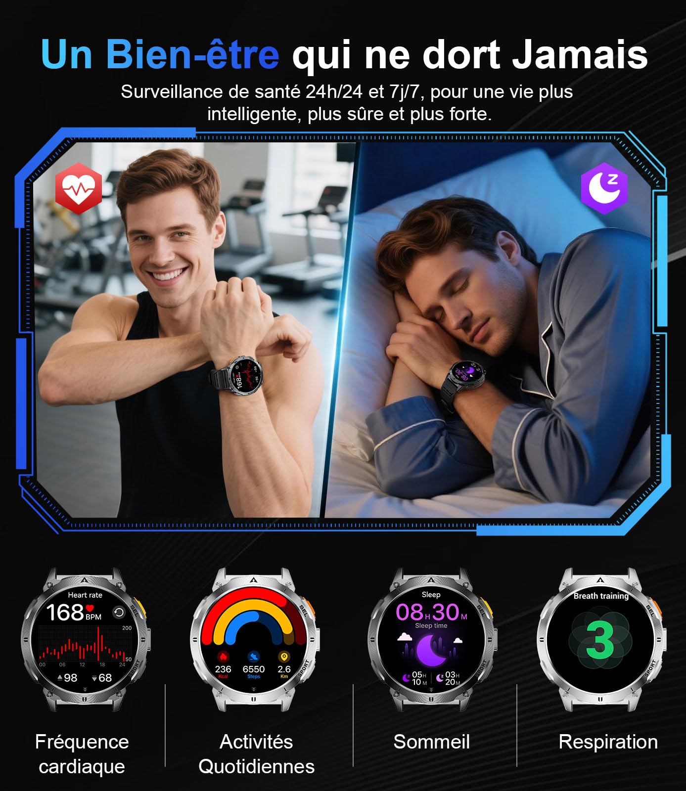 Montre Connectée Homme BENYAR SMART - Écran AMOLED 1.62", 730mAh (30 Jours), 120 Sports, Appels, LED, Moniteur Cardiaque/Sommeil - Compatible Android/iOS - 10