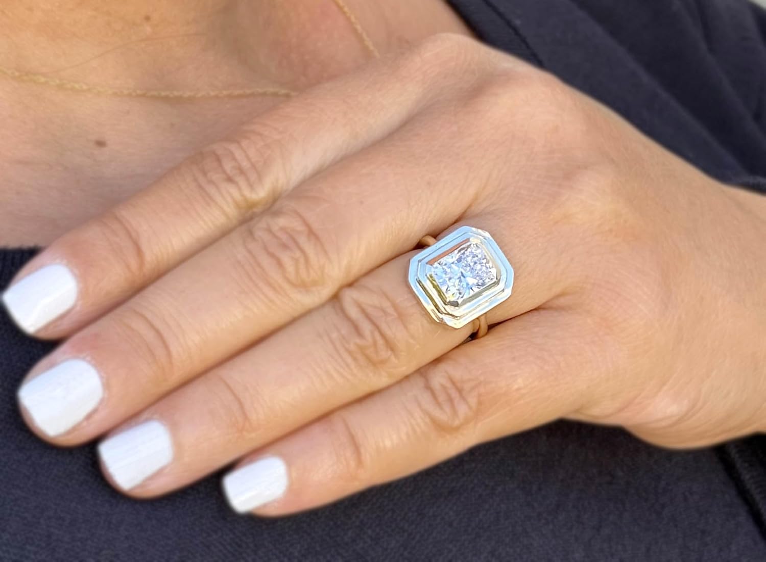 Cushion Cut Moissanite Ring Solitaire Set In 14K Solid And Heavy Yellow Gold Bezel Set Wedding Ring Double Halo Style Bridal Ring 3.50ct