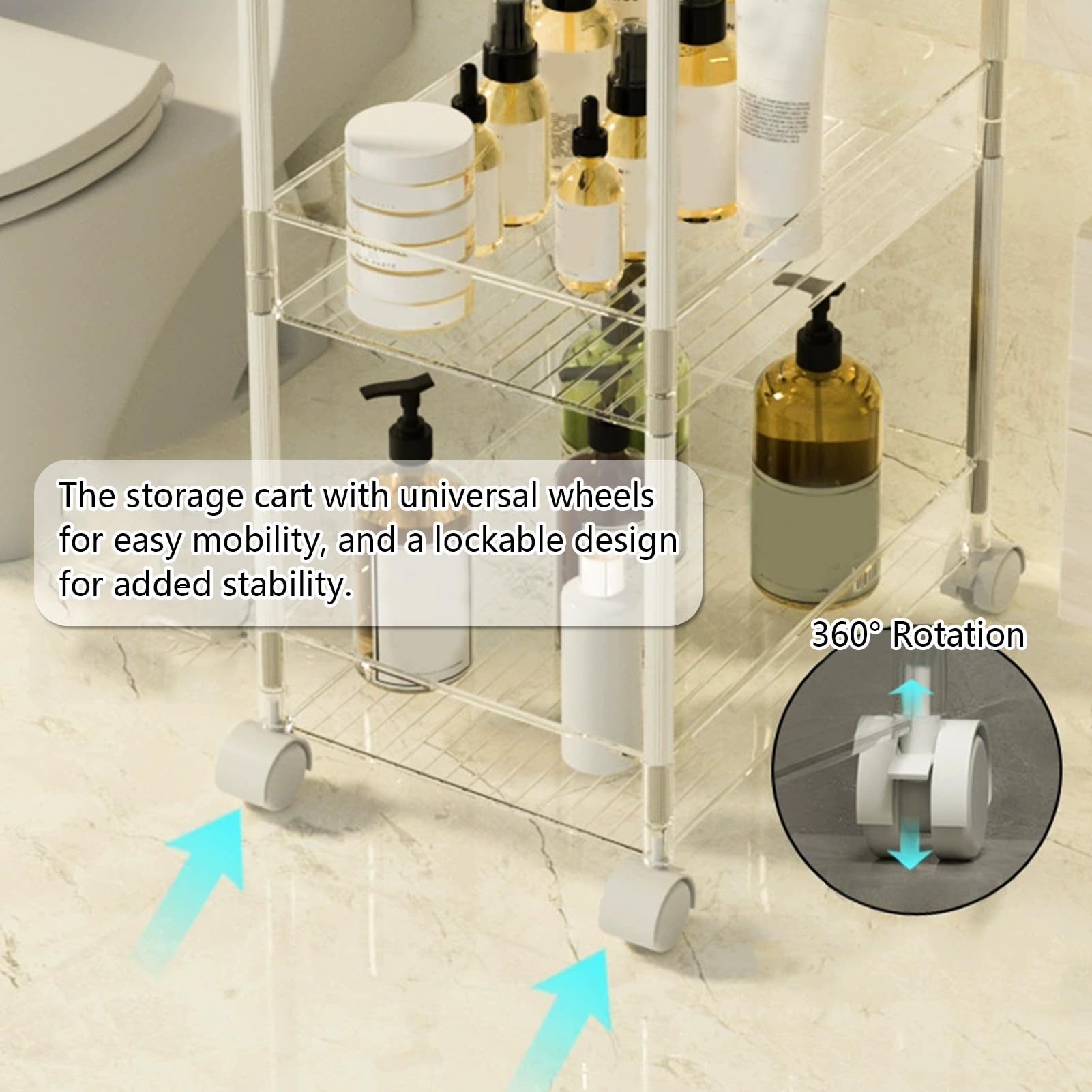 Carrito rodante utilitario con ruedas bloqueables, estantes móviles de 3 niveles con ganchos para baño, cocina, dormitorio, almacenamiento, diseño transparente